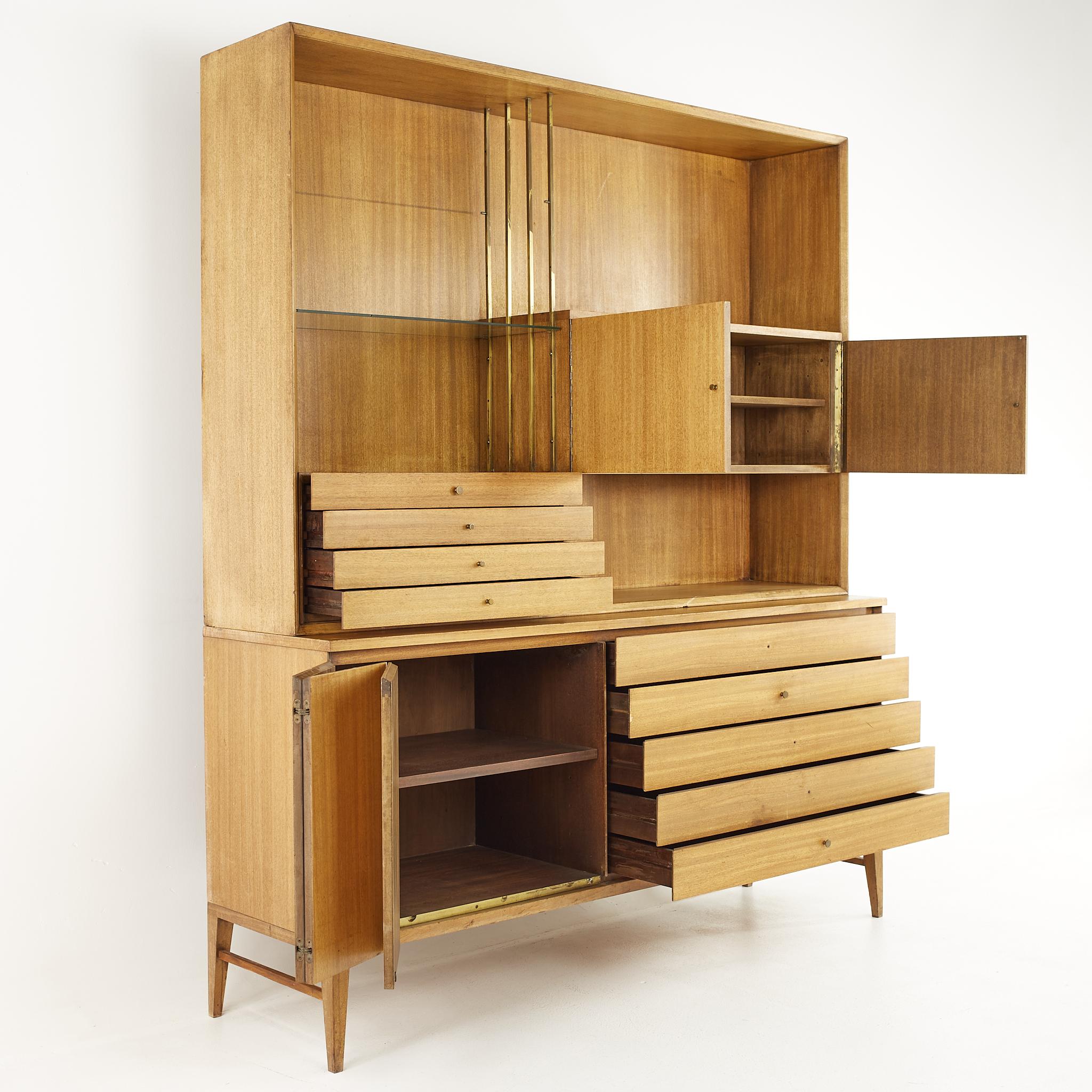 Late 20th Century Paul McCobb for Calvin MCM Bleached Mahogany and Brass Sideboard with Hutch