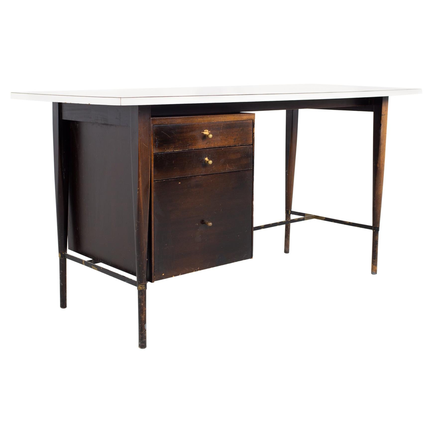 Paul McCobb for Calvin MCM Ebonized Mahogany Brass and White Laminate Desk