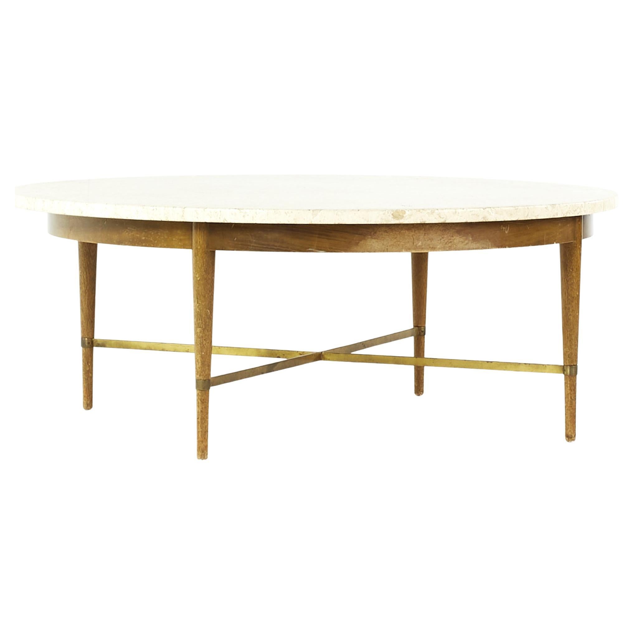 Paul McCobb for Calvin MCM Travertine Top Walnut and Brass X Coffee Table
