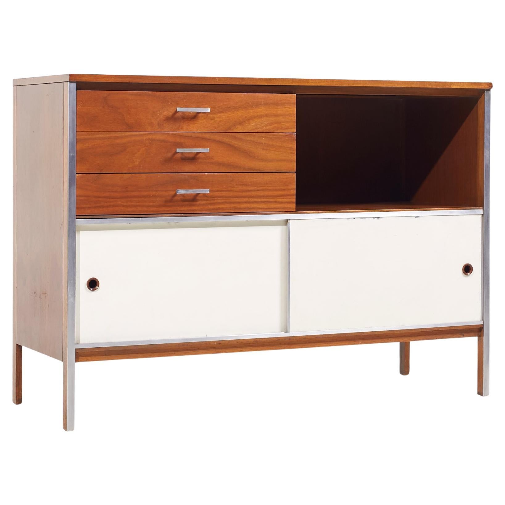 Paul McCobb for Calvin MCM Walnut and Stainless Steel Sliding Door Credenza For Sale