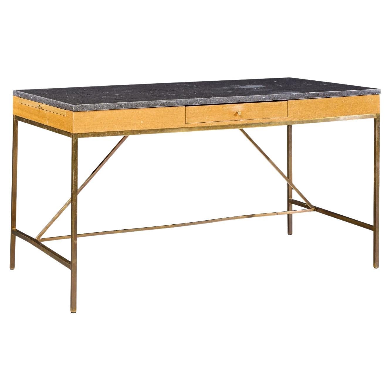 Paul McCobb for Calvin Mid Century Bleached Mahogany, Brass and Marble Top Desk For Sale