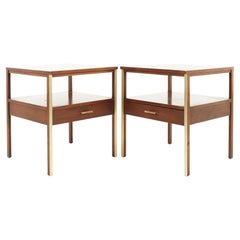 Paul McCobb for Calvin Mid Century Brass and Walnut Nightstands, a Pair
