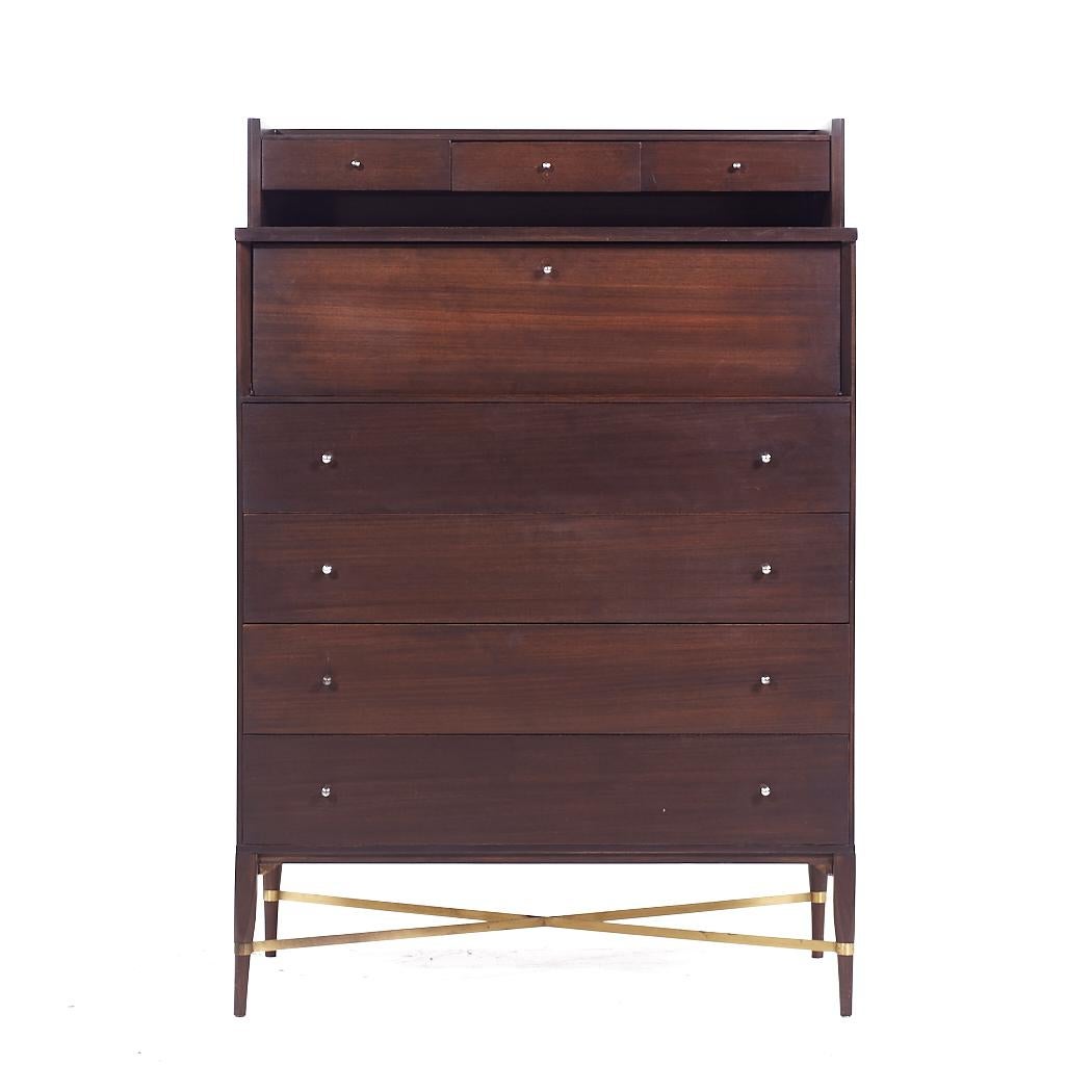 Paul McCobb for Calvin Mid Century Mahogany and Brass Highboy Dresser

This highboy measures: 36 wide x 19.25 deep x 52.75 inches high

All pieces of furniture can be had in what we call restored vintage condition. That means the piece is restored