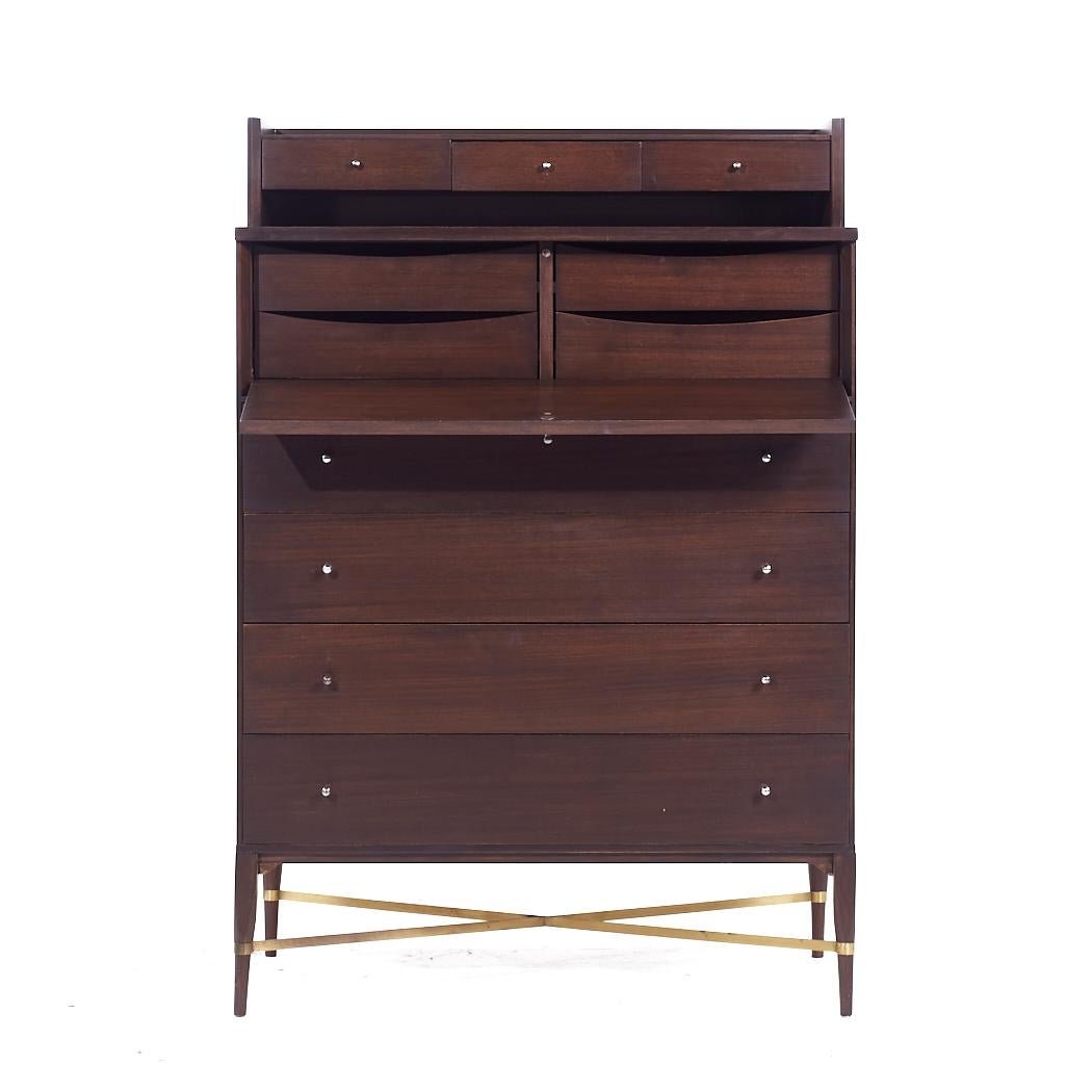 Mid-20th Century Paul McCobb for Calvin Mid Century Mahogany and Brass Highboy Dresser For Sale