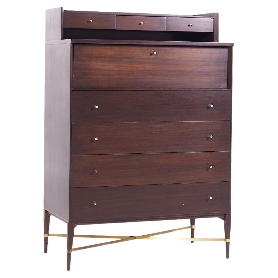 Paul McCobb for Calvin Mid Century Mahogany and Brass Highboy Dresser For Sale
