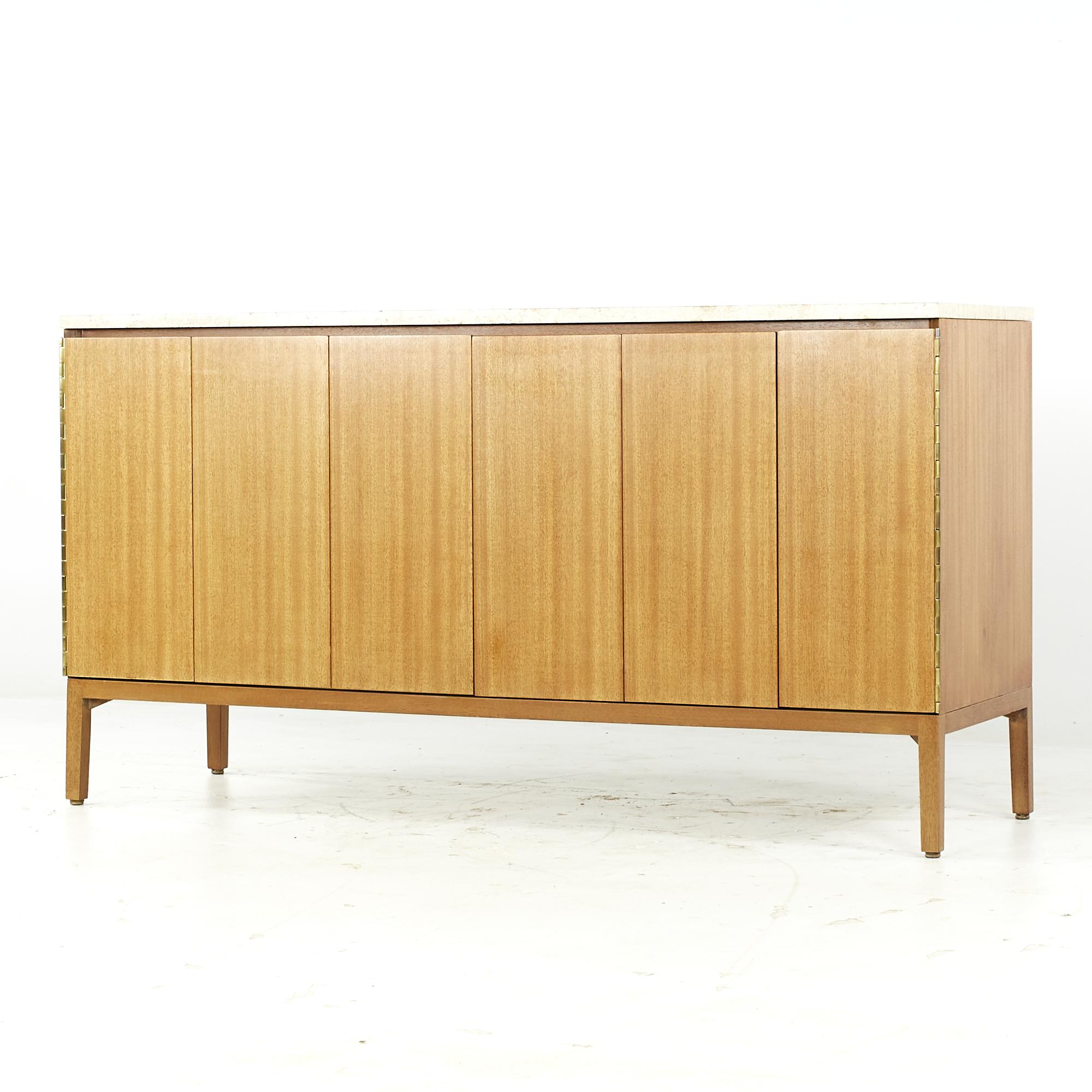 Mid-Century Modern Paul McCobb for Calvin Midcentury Mahogany and Travertine Top Credenza For Sale