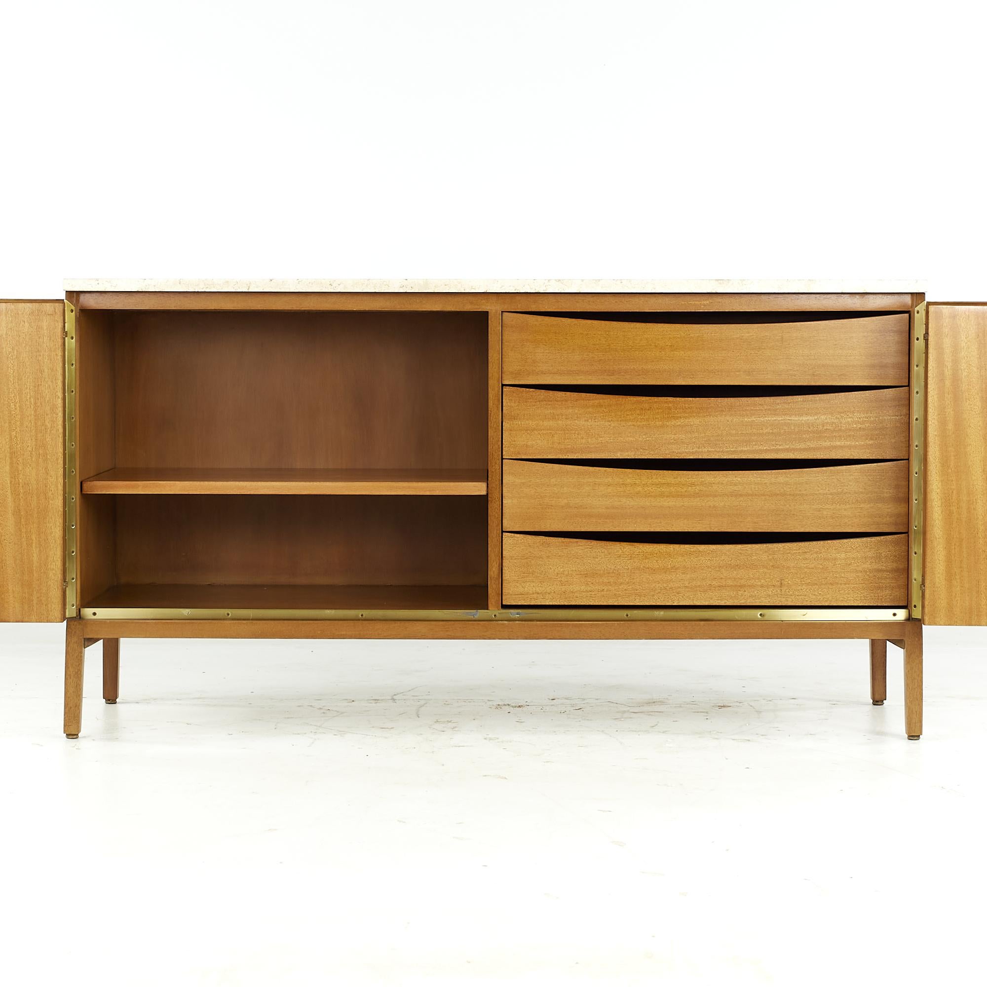 Late 20th Century Paul McCobb for Calvin Midcentury Mahogany and Travertine Top Credenza