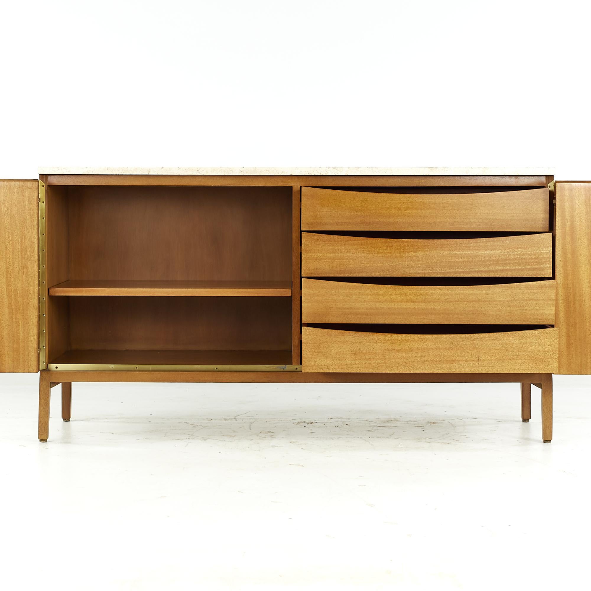 Paul McCobb for Calvin Midcentury Mahogany and Travertine Top Credenza For Sale 3
