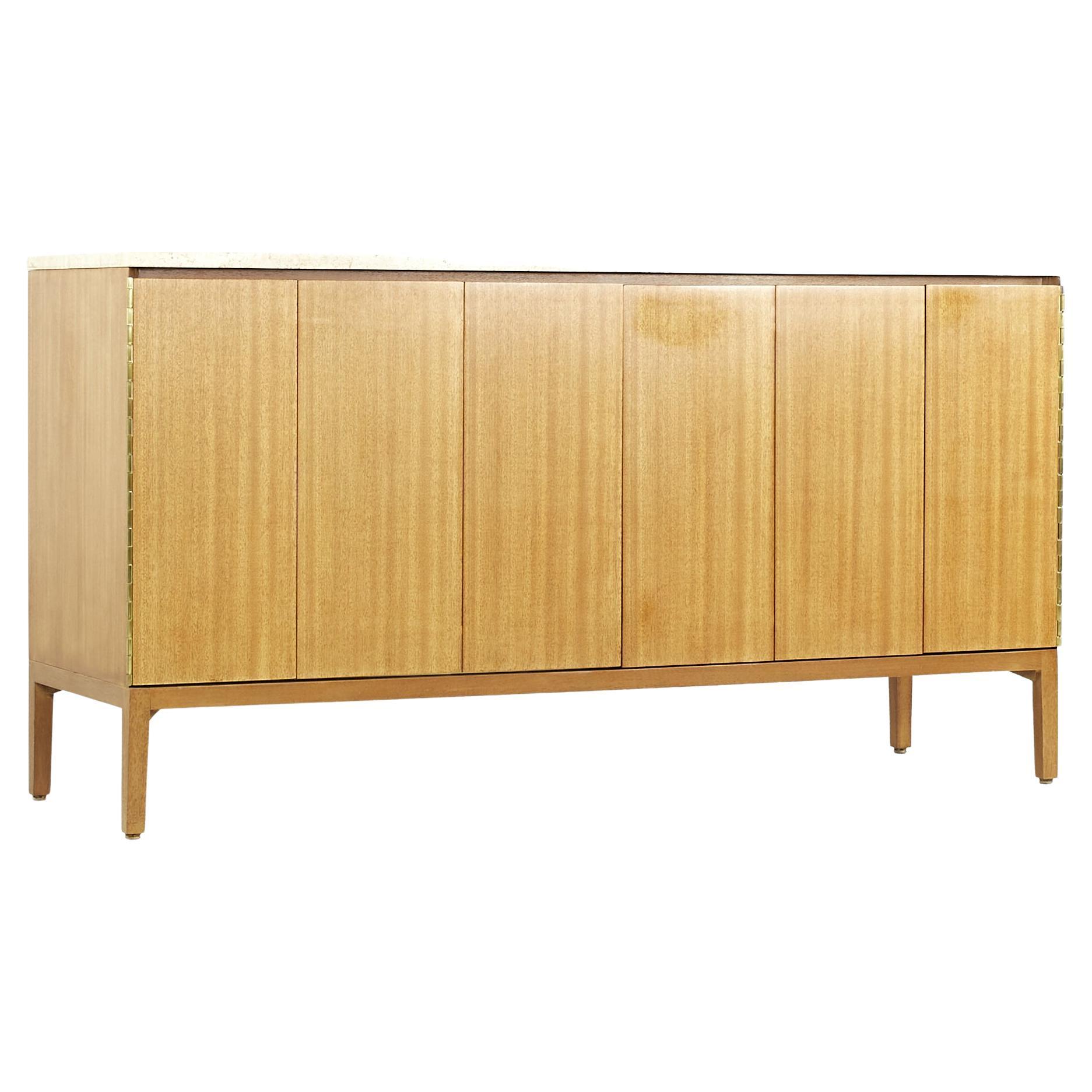 Paul McCobb for Calvin Midcentury Mahogany and Travertine Top Credenza For Sale
