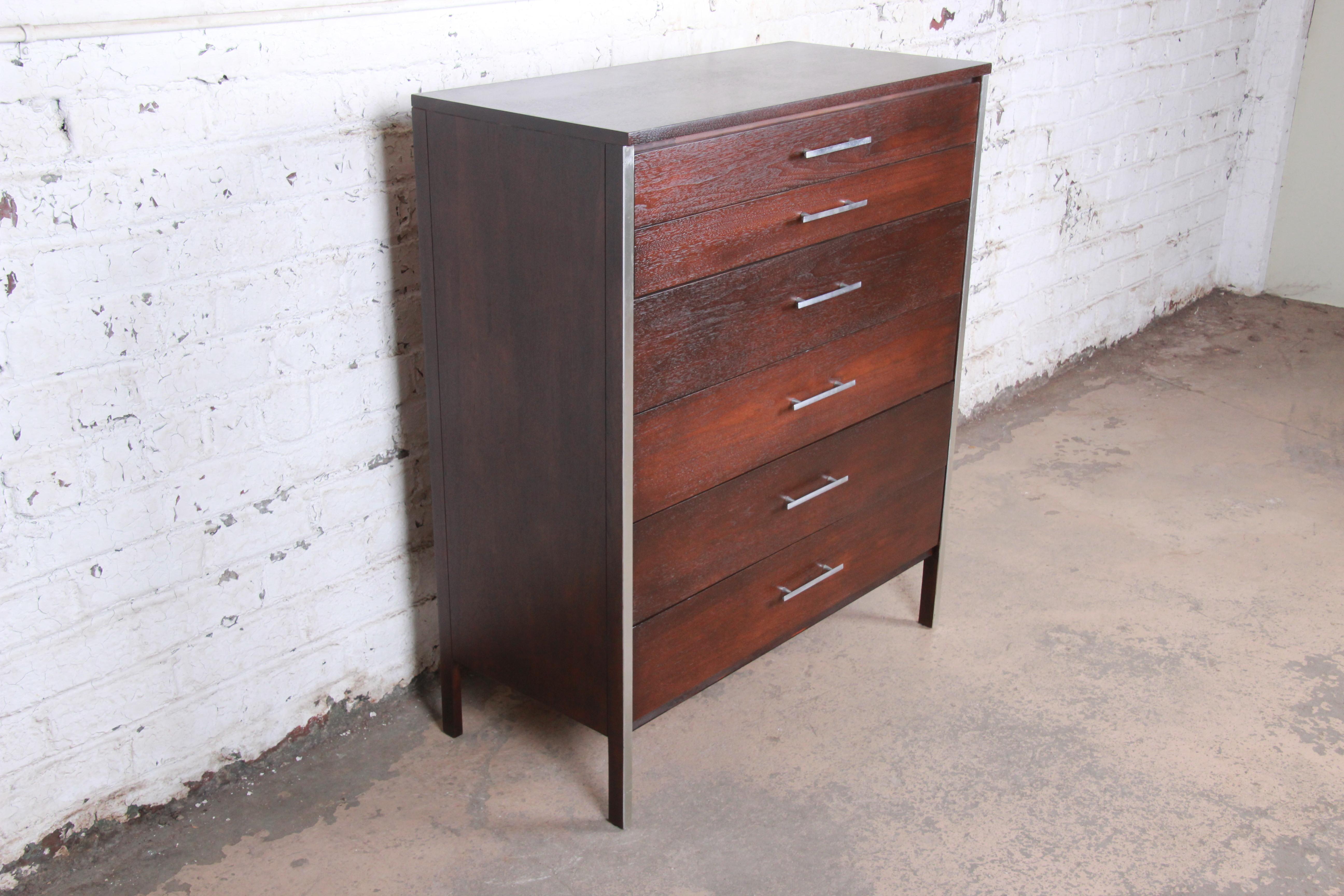 Paul McCobb for Calvin Mid-Century Modern Walnut Highboy Dresser, Refinished In Good Condition In South Bend, IN