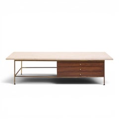 Paul McCobb for Calvin Mid Century Travertine and Brass Coffee Table