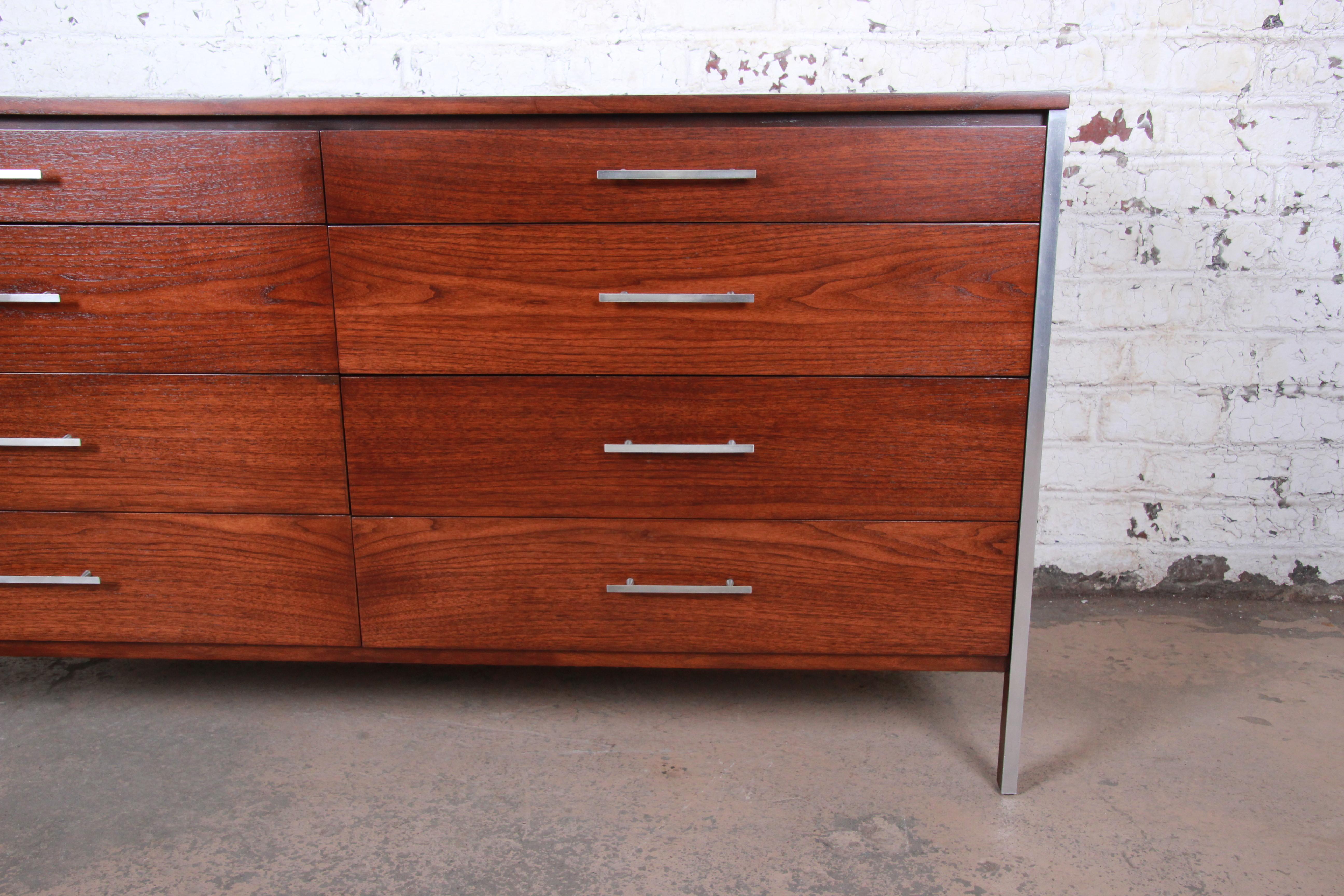 Aluminum Paul McCobb for Calvin Midcentury Walnut Dresser or Credenza, Newly Restored