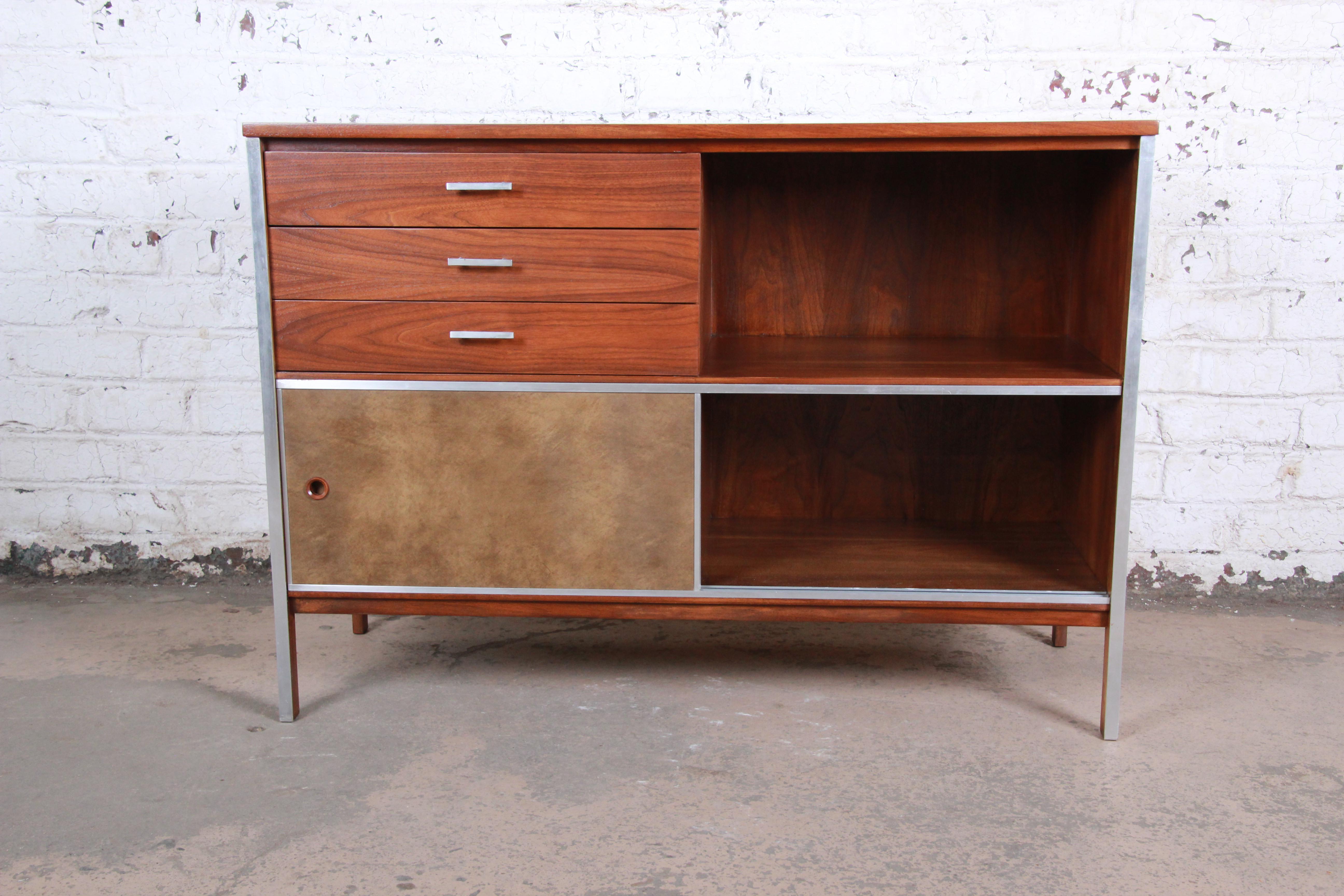 American Paul McCobb for Calvin Midcentury Walnut Sliding Door Credenza, Refinished	 For Sale