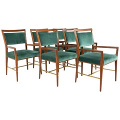 Paul McCobb for Calvin Mid Century Walnut and Brass Dining Armchairs, Set of 6