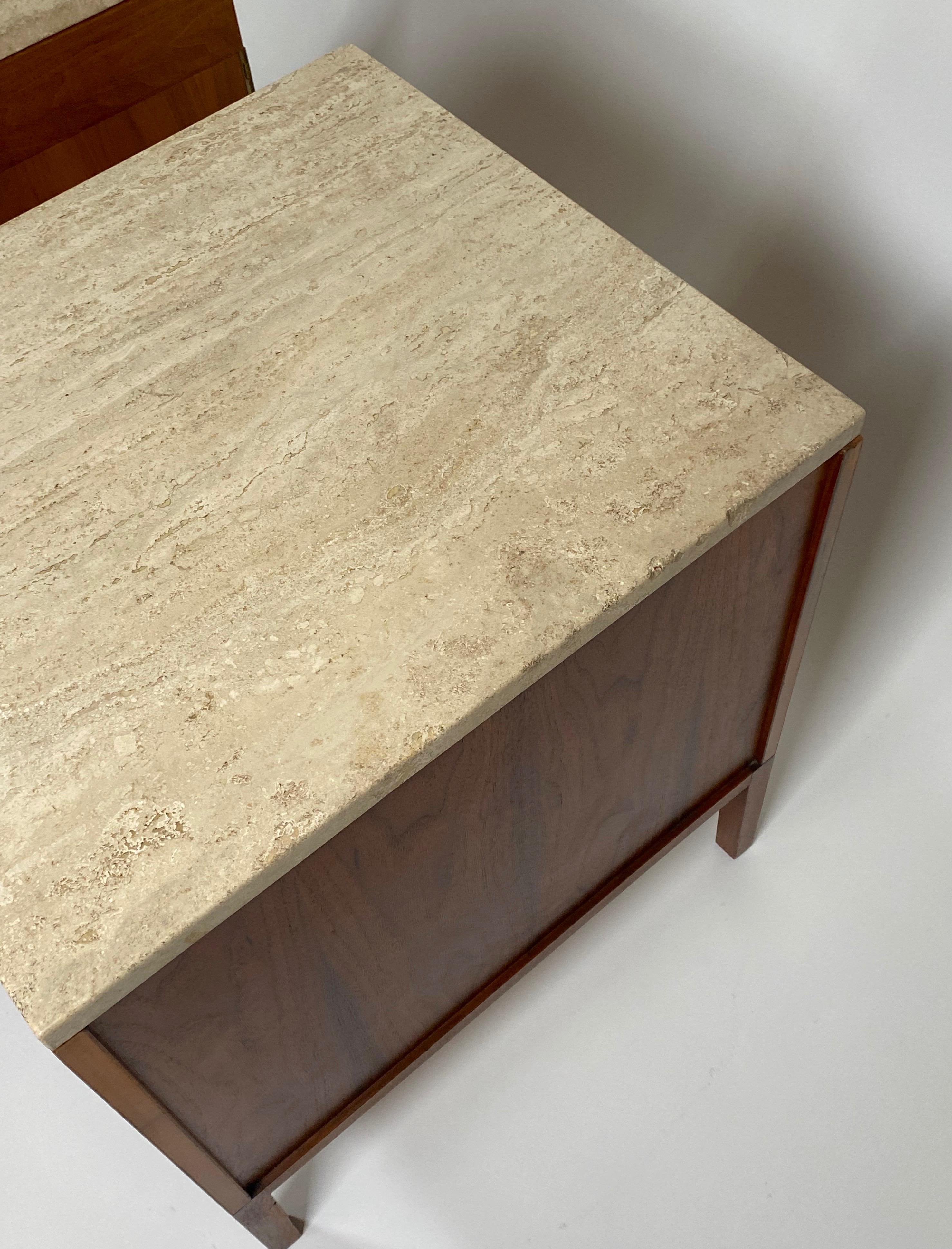 Paul McCobb for Calvin Nightstands in Walnut and Travertine 3