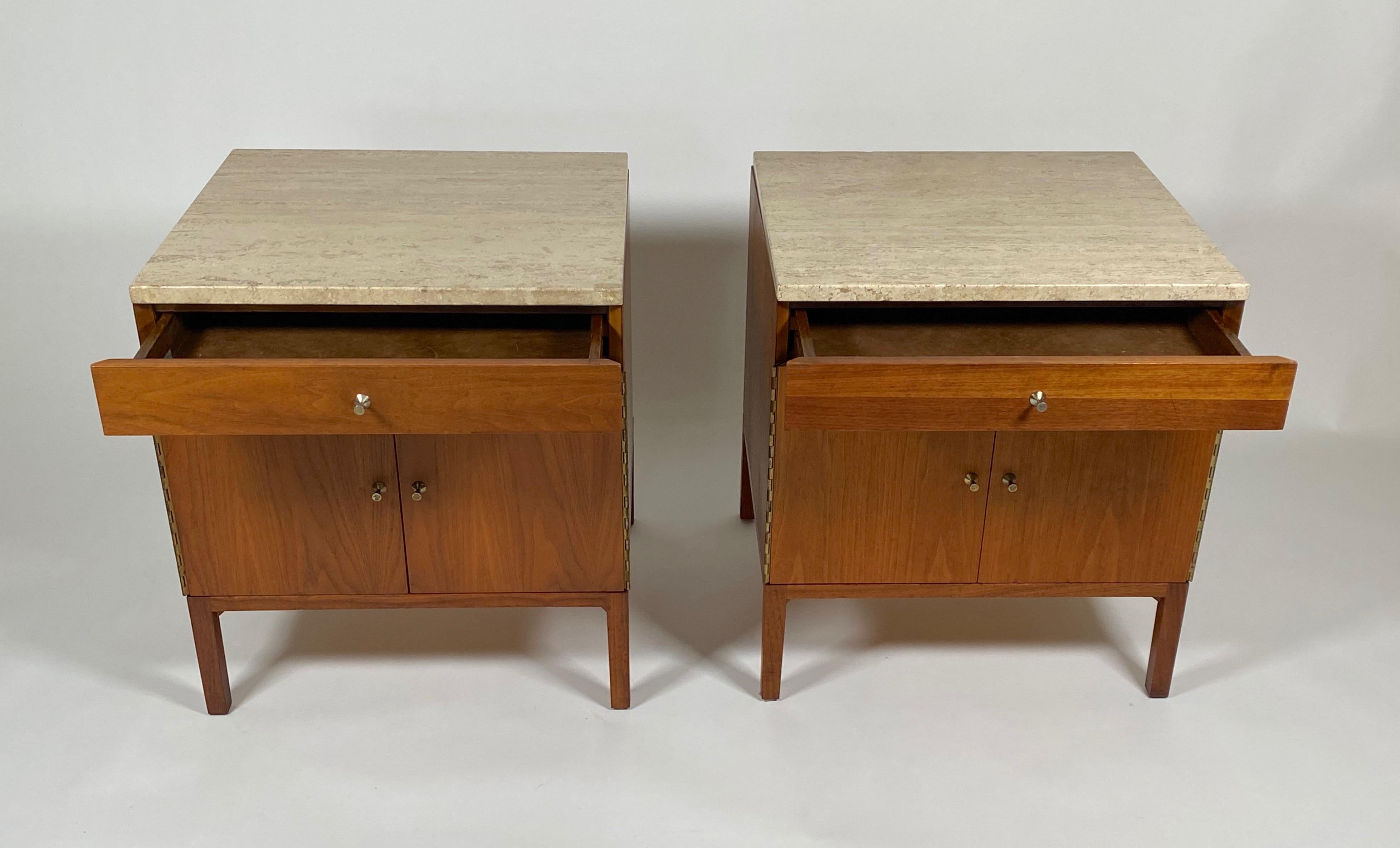 Hand-Crafted Paul McCobb for Calvin Nightstands in Walnut and Travertine
