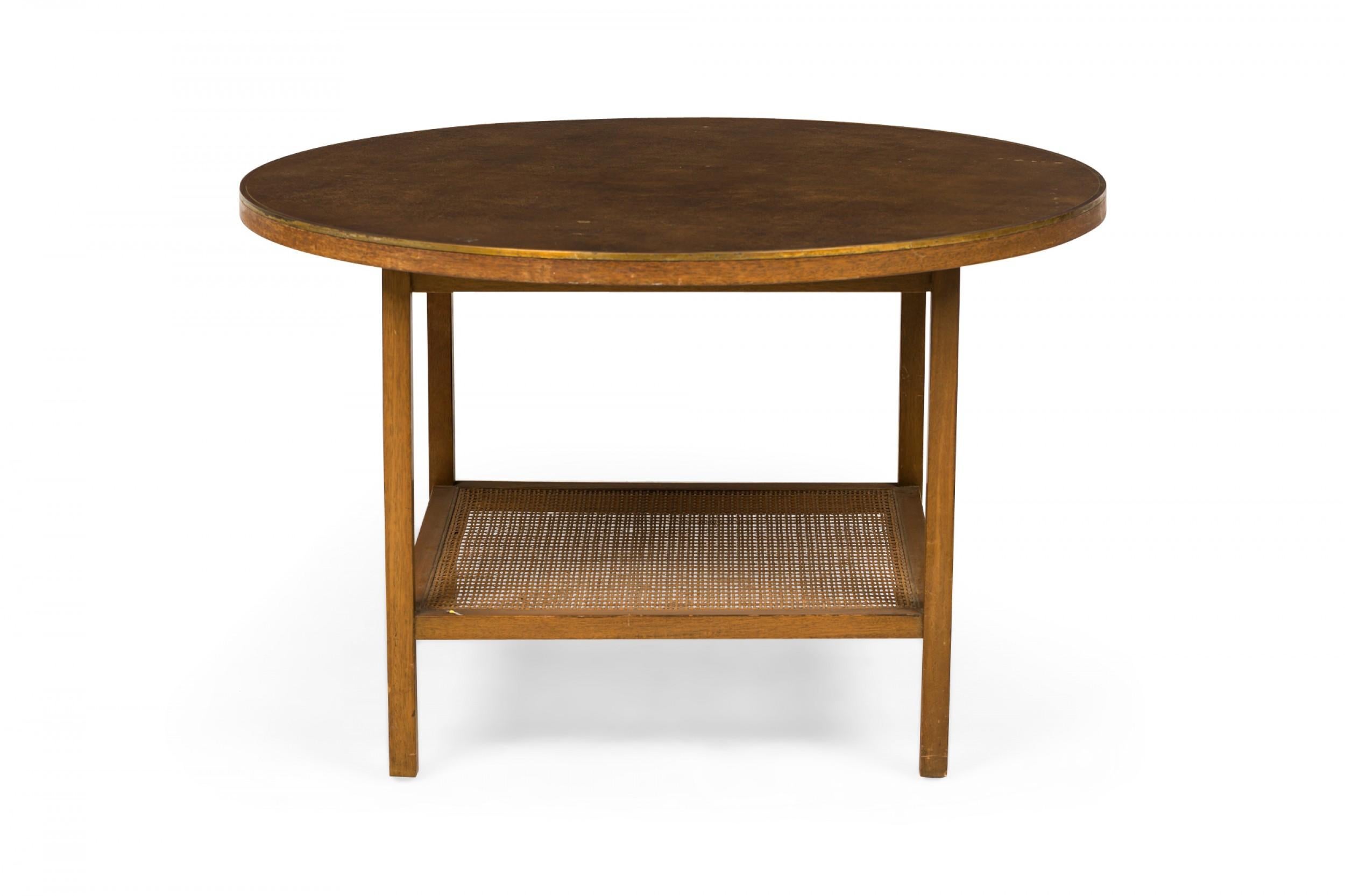 Mid-Century Modern Paul McCobb for Calvin Round Leather Top Brass and Wood End / Side Table