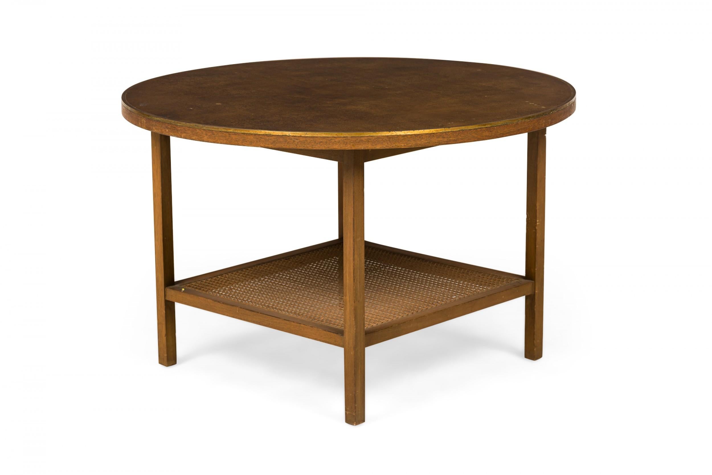 American Paul McCobb for Calvin Round Leather Top Brass and Wood End / Side Table