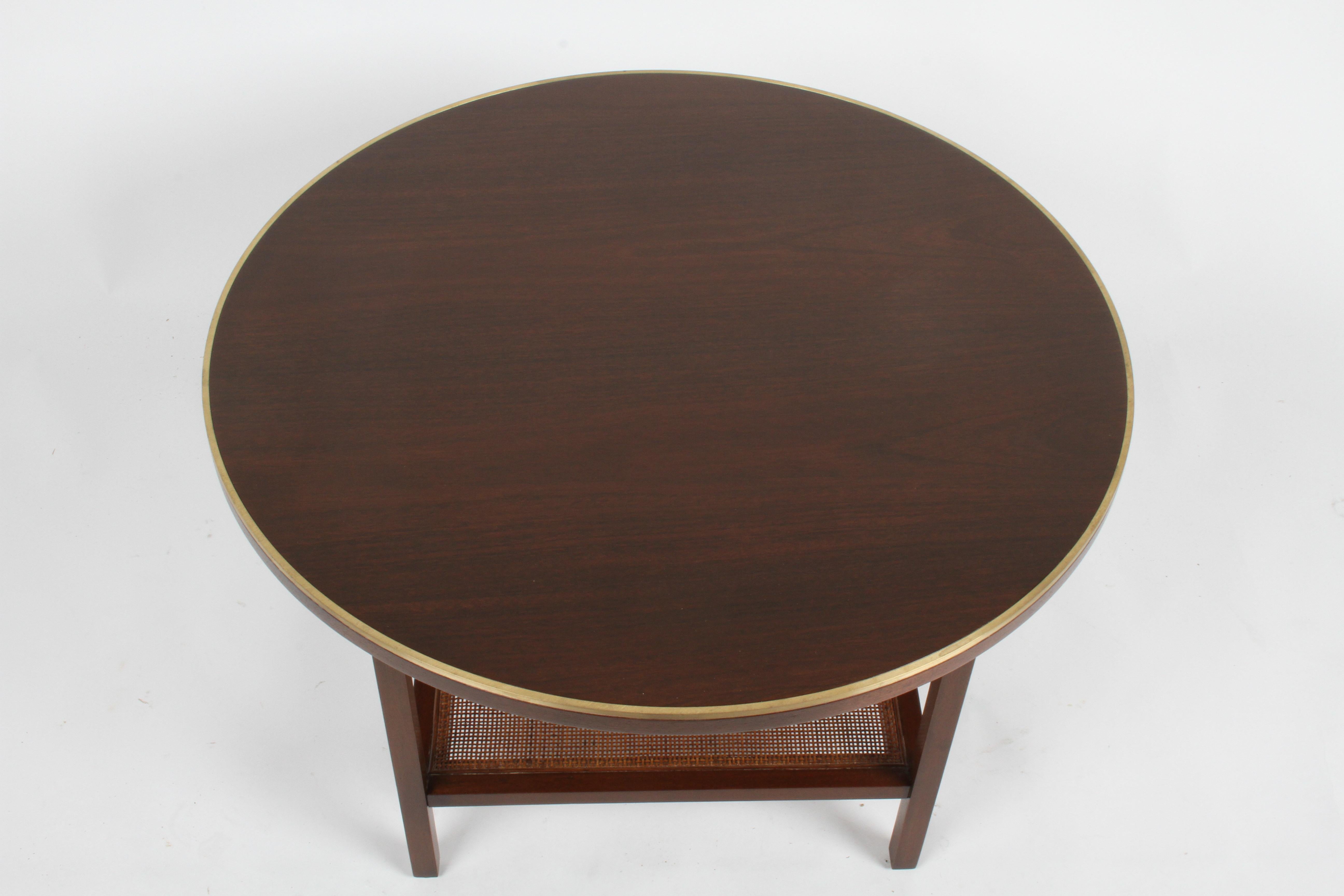 American Paul McCobb for Calvin Round Mahogany, Wicker with Brass Trim Side or End Table
