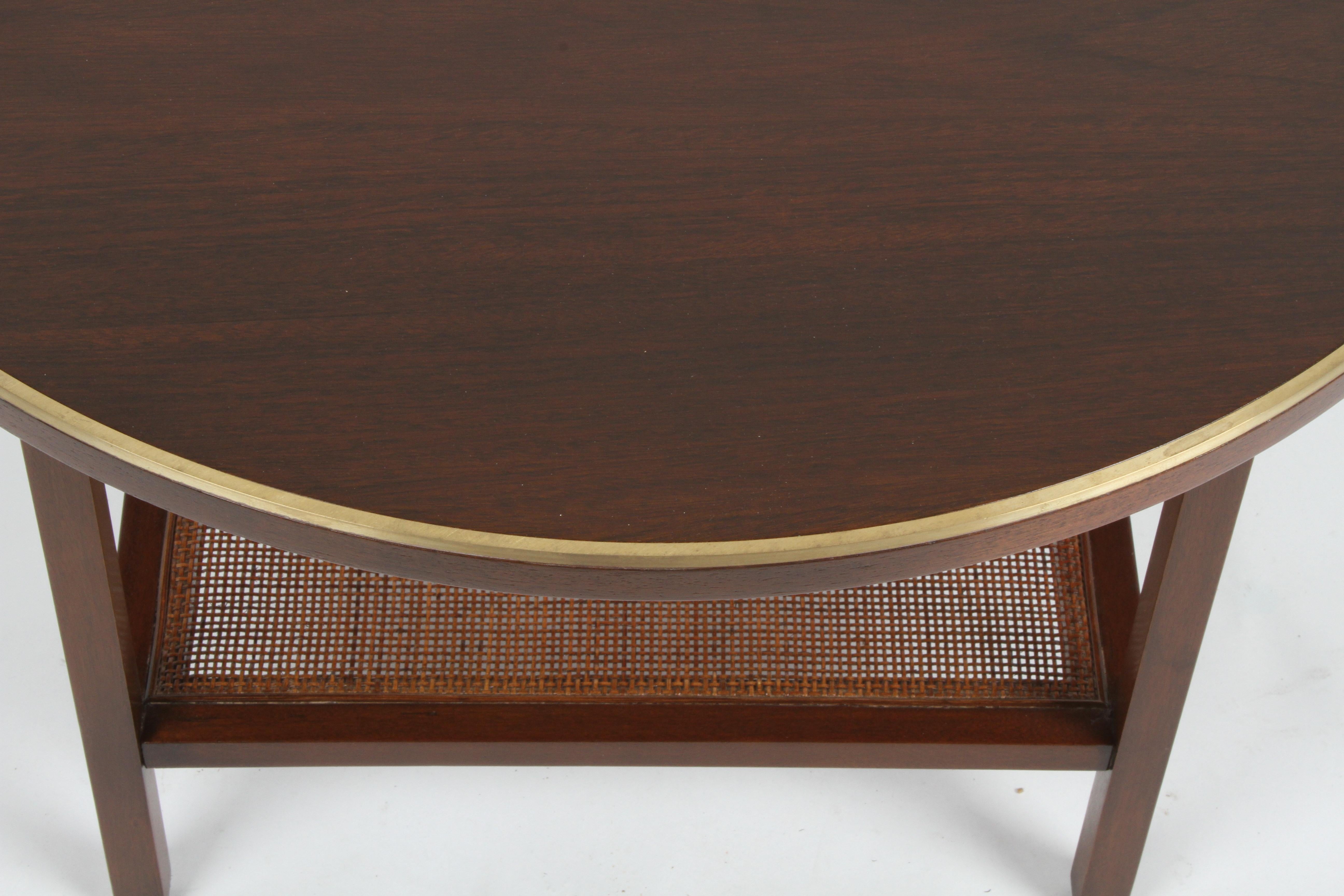 Paul McCobb for Calvin Round Mahogany, Wicker with Brass Trim Side or End Table 1