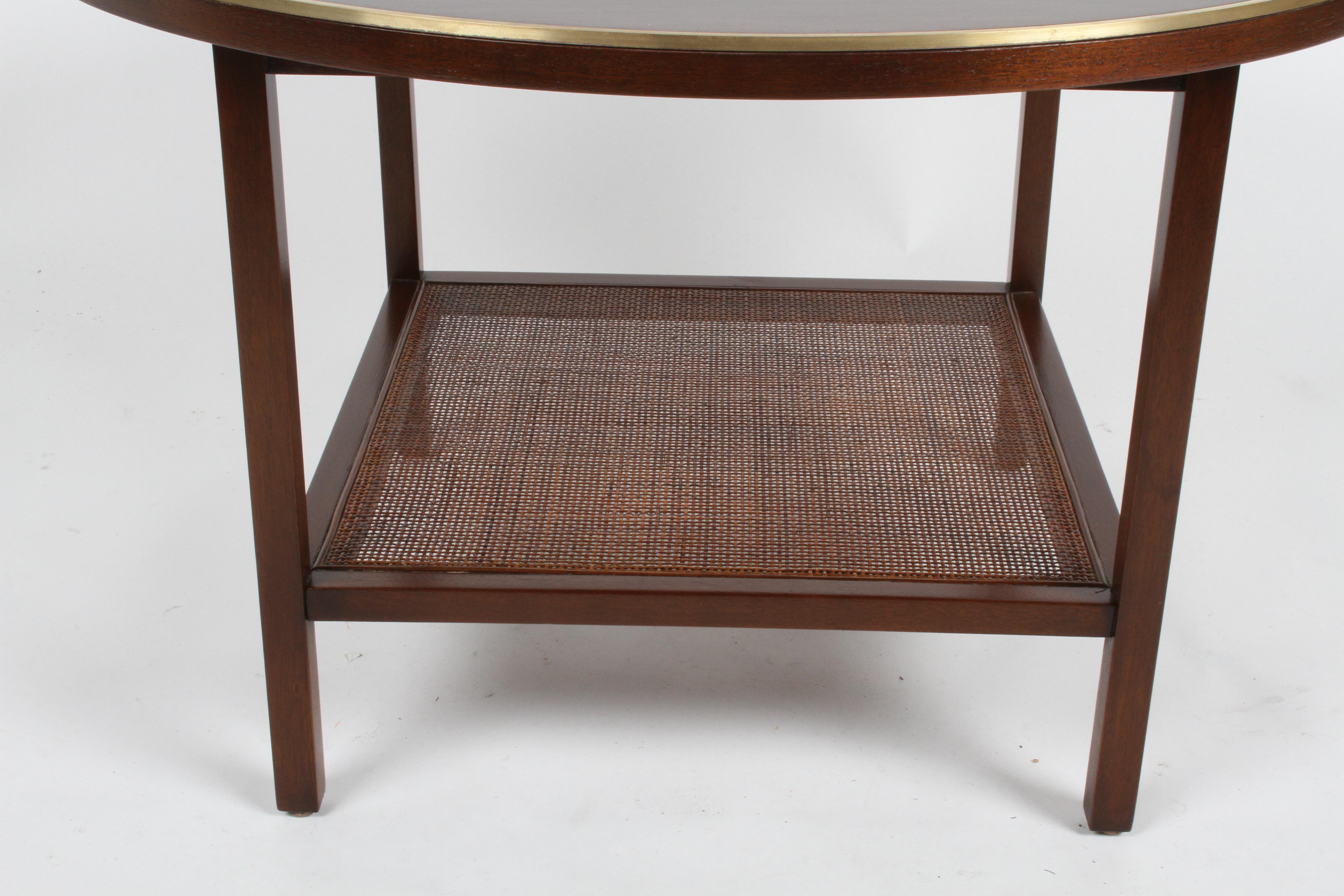 Paul McCobb for Calvin Round Mahogany, Wicker with Brass Trim Side or End Table 2