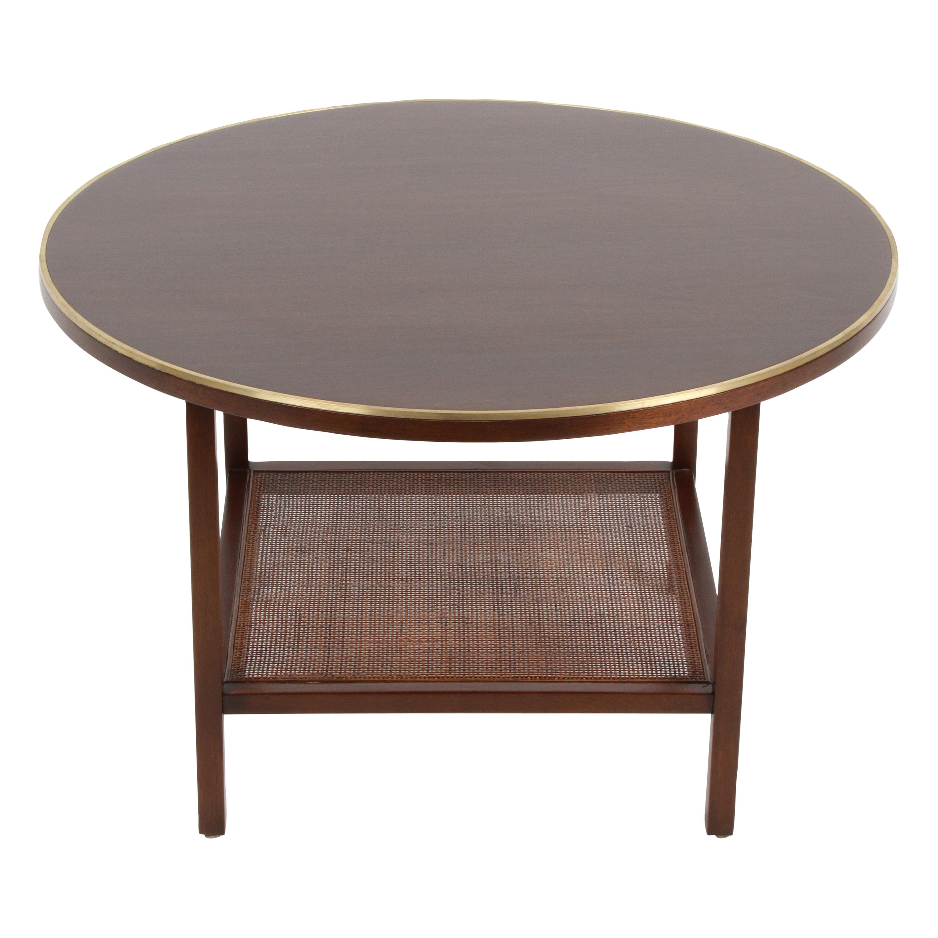Paul McCobb for Calvin Round Mahogany, Wicker with Brass Trim Side or End Table