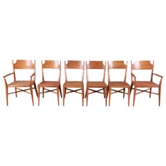 Paul McCobb for Calvin Sculpted Walnut and Cane X-Base Dining Chairs, Set of Six