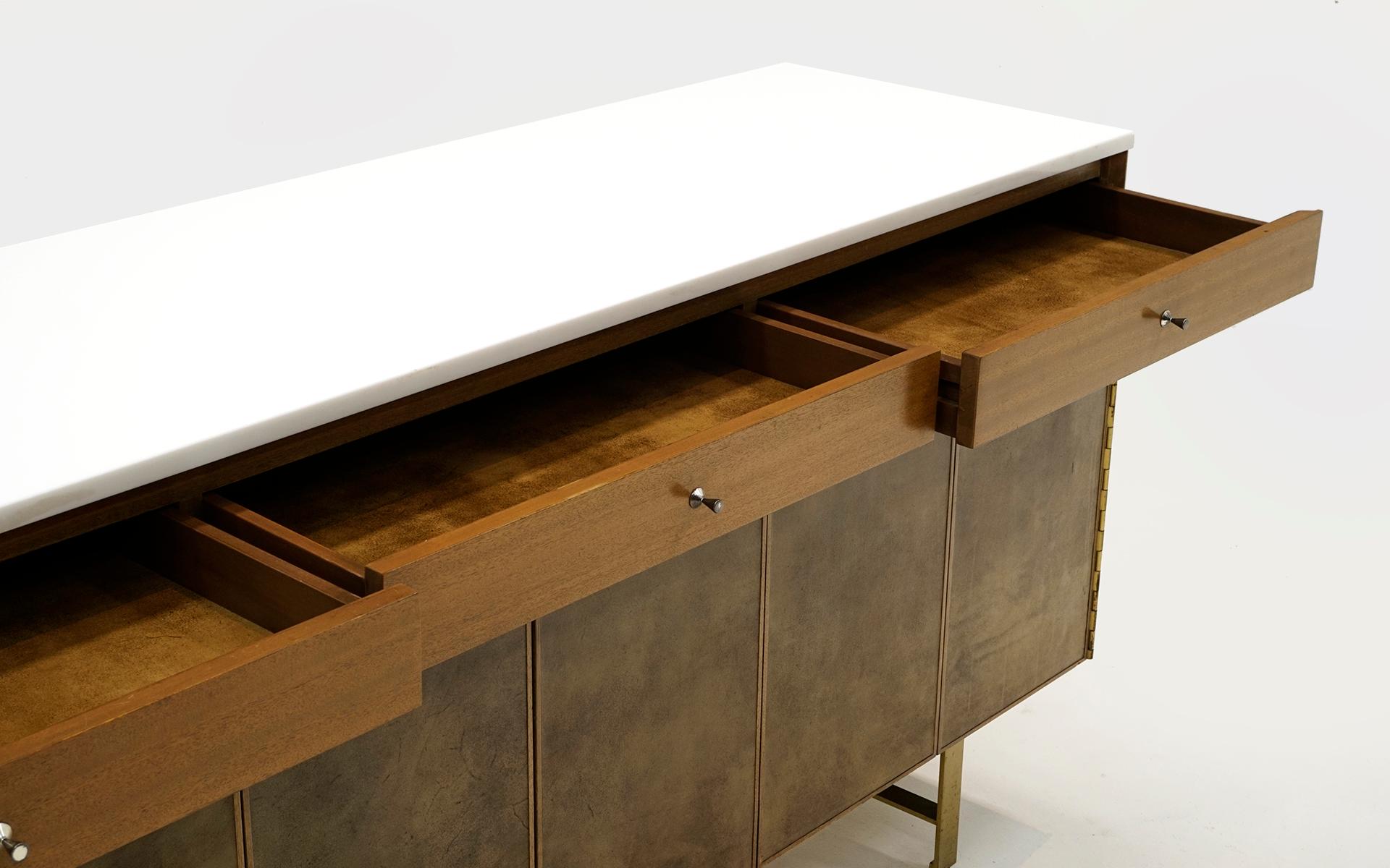 Paul McCobb for Calvin Sideboard/Credenza. Mahogany, Leather, White Milk Glass 3