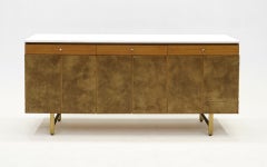 Paul McCobb for Calvin Sideboard/Credenza. Mahogany, Leather, White Milk Glass
