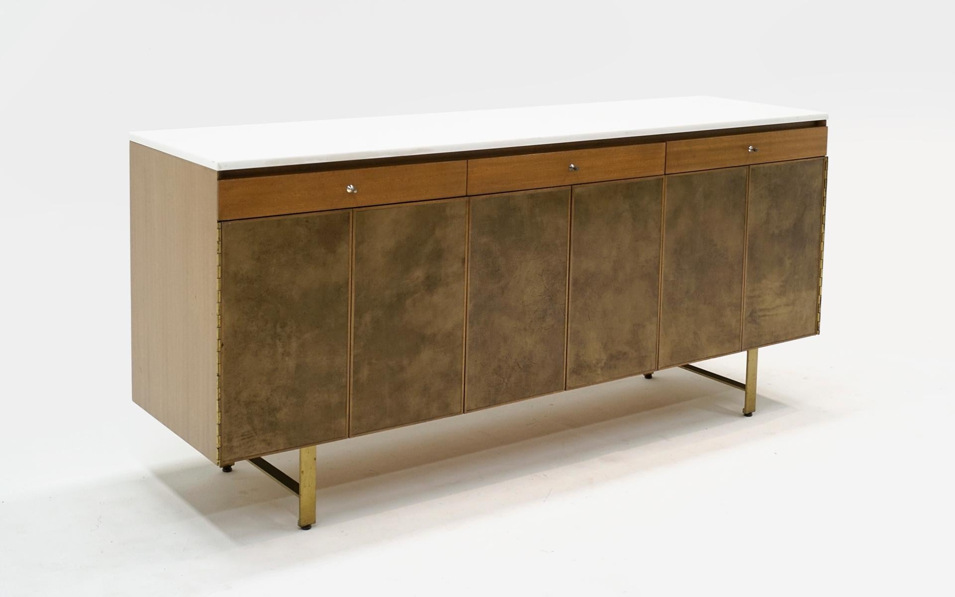Mid-Century Modern Paul McCobb for Calvin Sideboard/Credenza. Mahogany, Leather, White Milk Glass