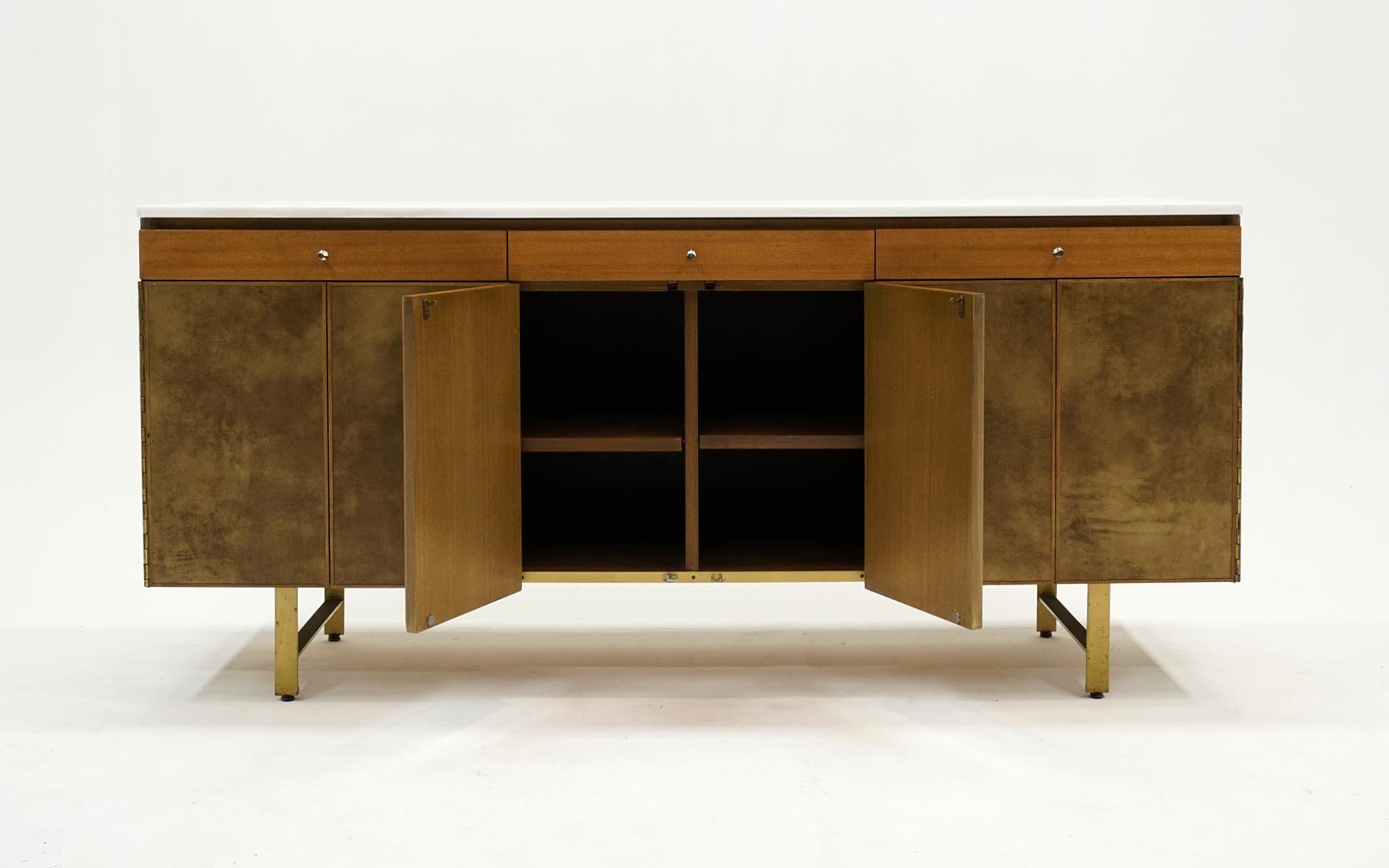 Paul McCobb for Calvin Sideboard/Credenza. Mahogany, Leather, White Milk Glass In Good Condition In Kansas City, MO