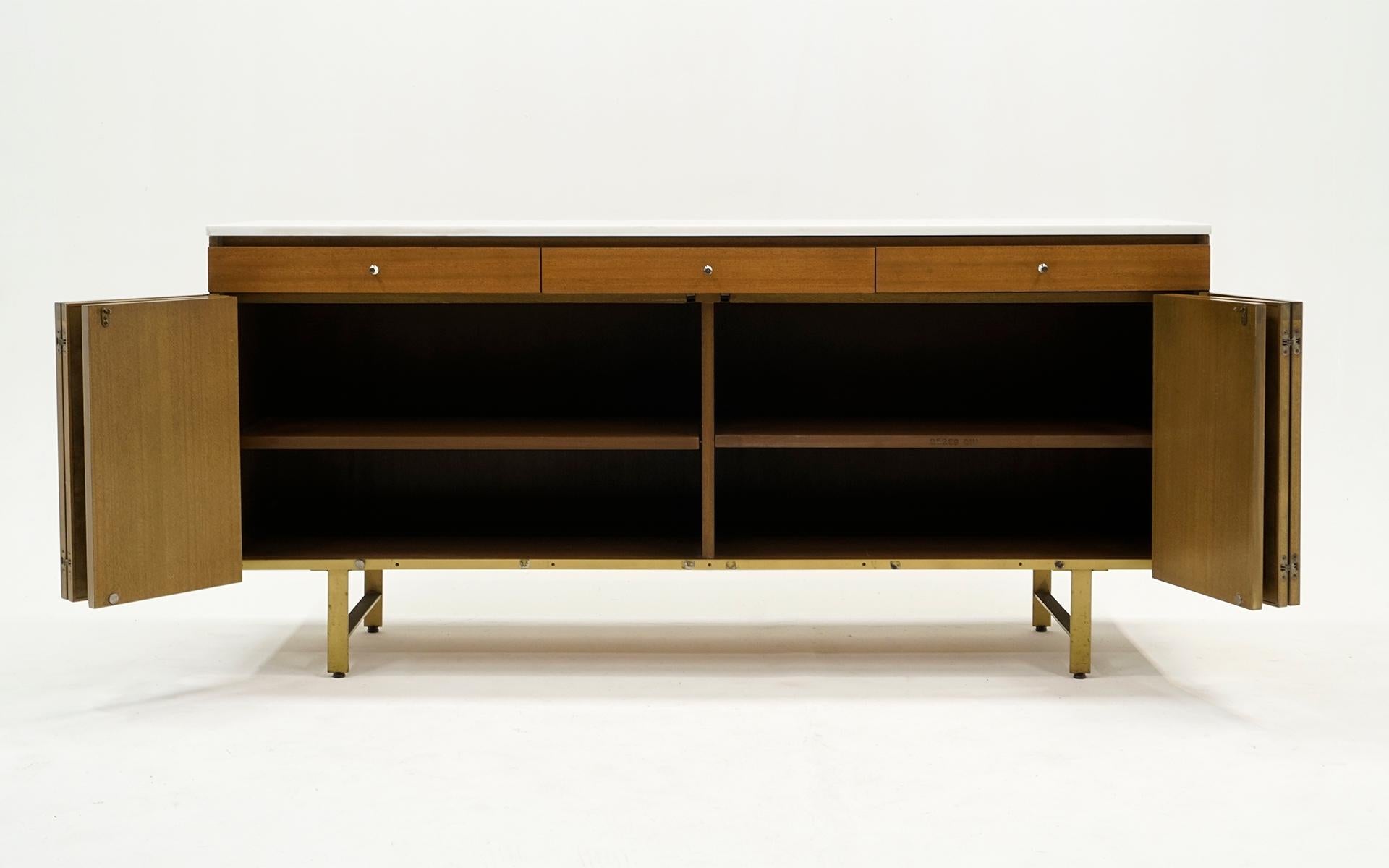 Mid-20th Century Paul McCobb for Calvin Sideboard/Credenza. Mahogany, Leather, White Milk Glass