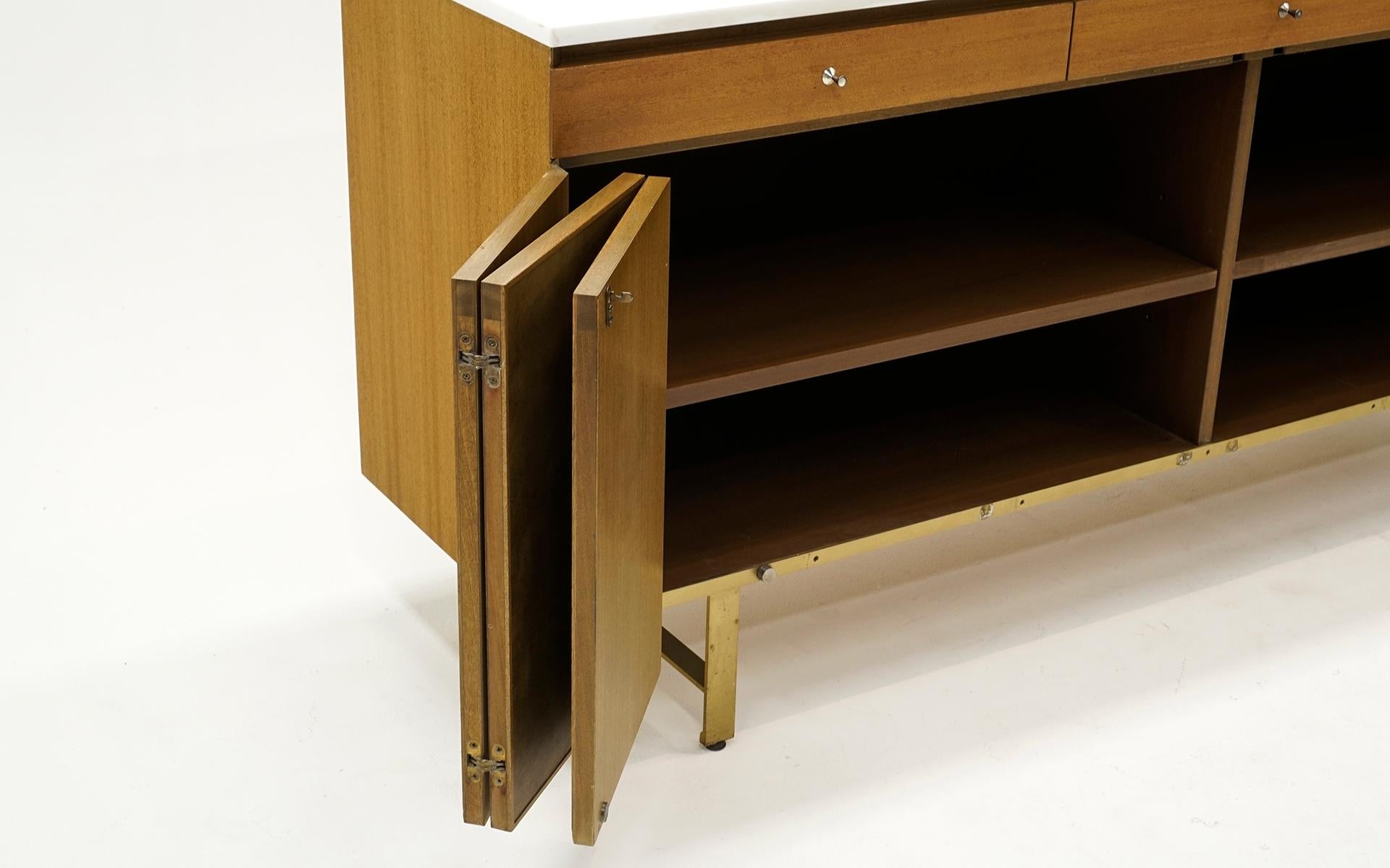 Brass Paul McCobb for Calvin Sideboard/Credenza. Mahogany, Leather, White Milk Glass