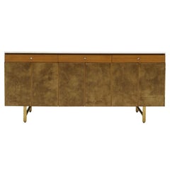 Paul McCobb for Calvin Sideboard/Credenza. Mahogany, Leather, White Milk Glass