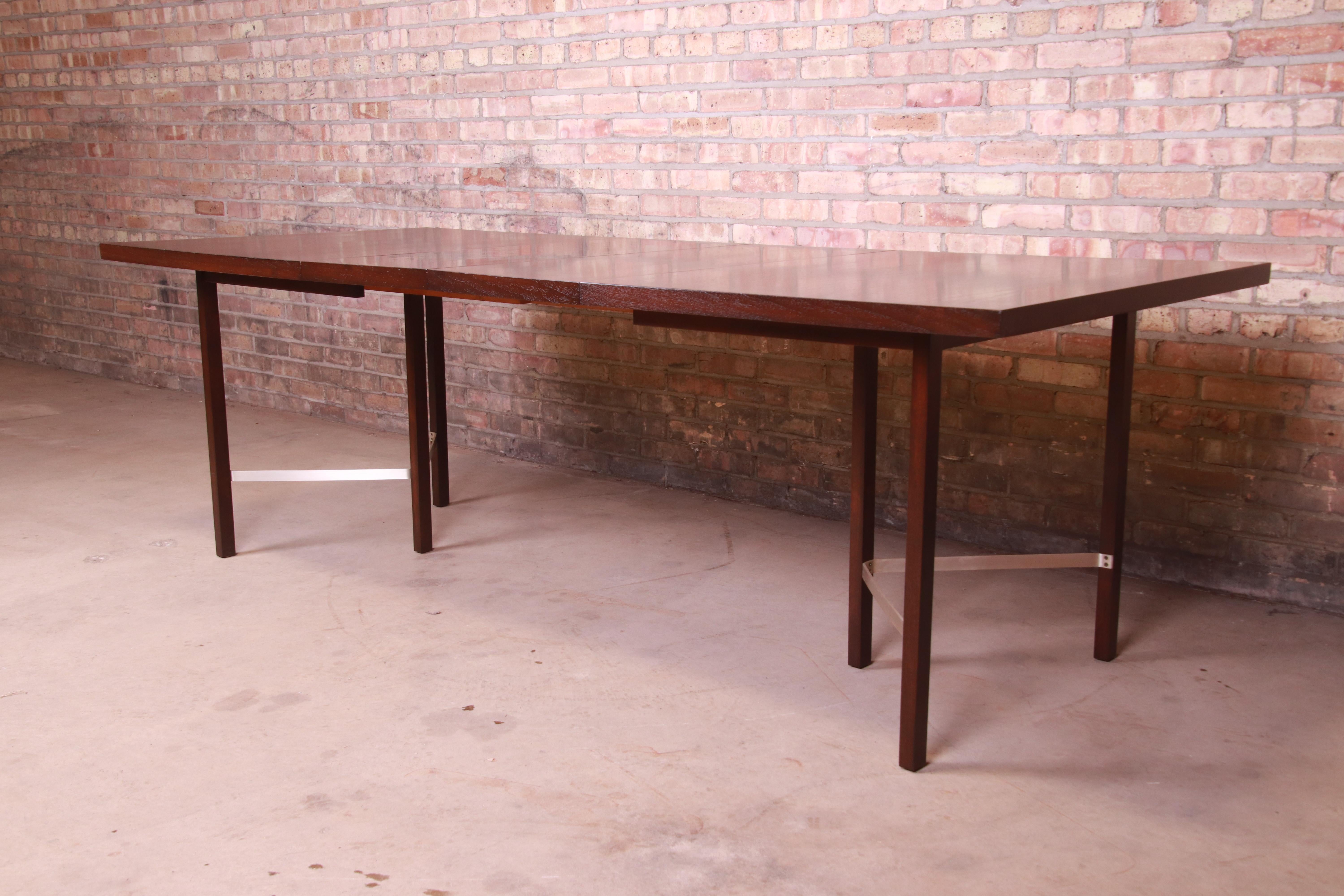 Mid-Century Modern Paul McCobb for Calvin Walnut Dining Table with Brass Stretchers, Refinished