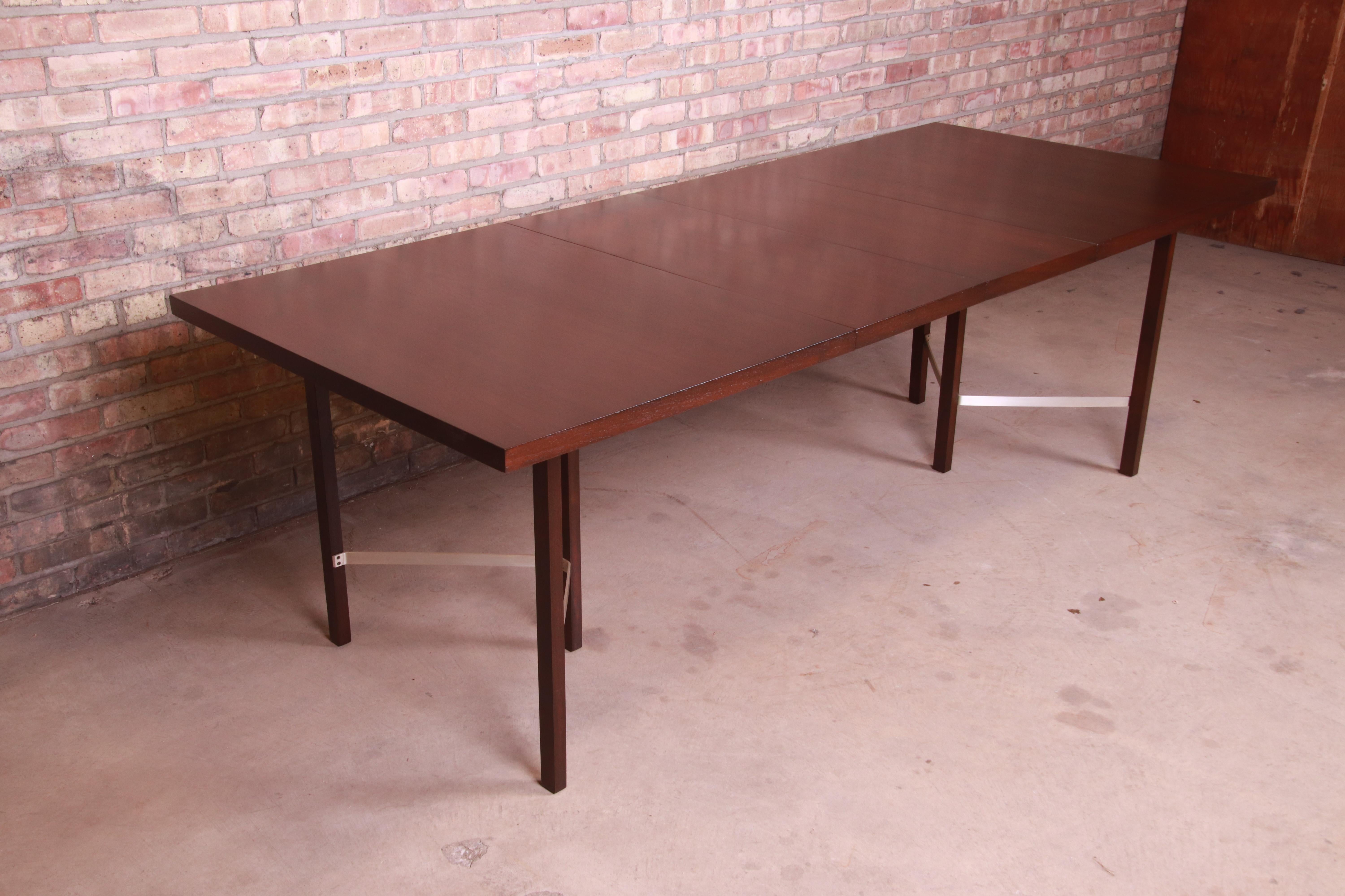 American Paul McCobb for Calvin Walnut Dining Table with Brass Stretchers, Refinished