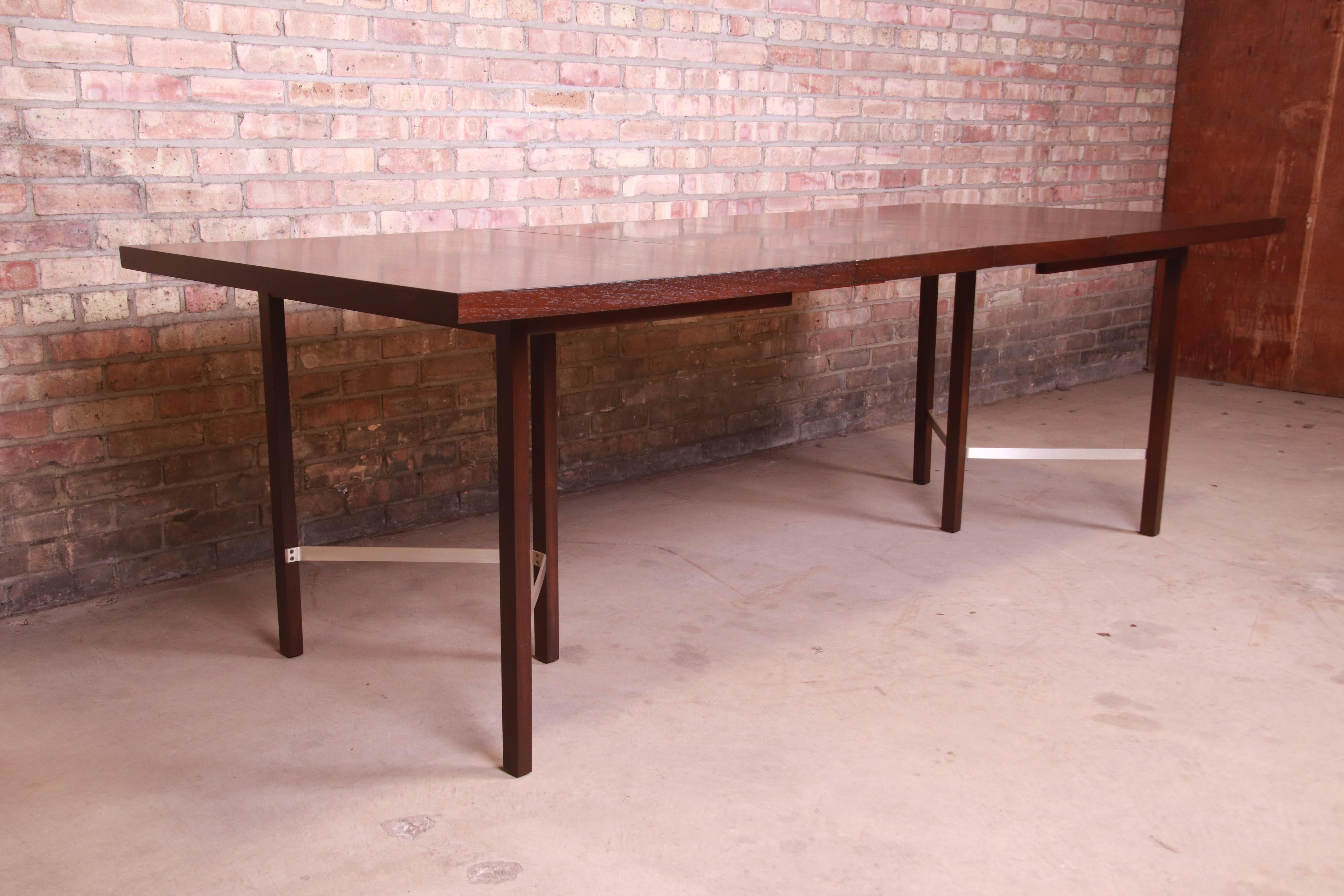 Paul McCobb for Calvin Walnut Dining Table with Brass Stretchers, Refinished In Good Condition In South Bend, IN