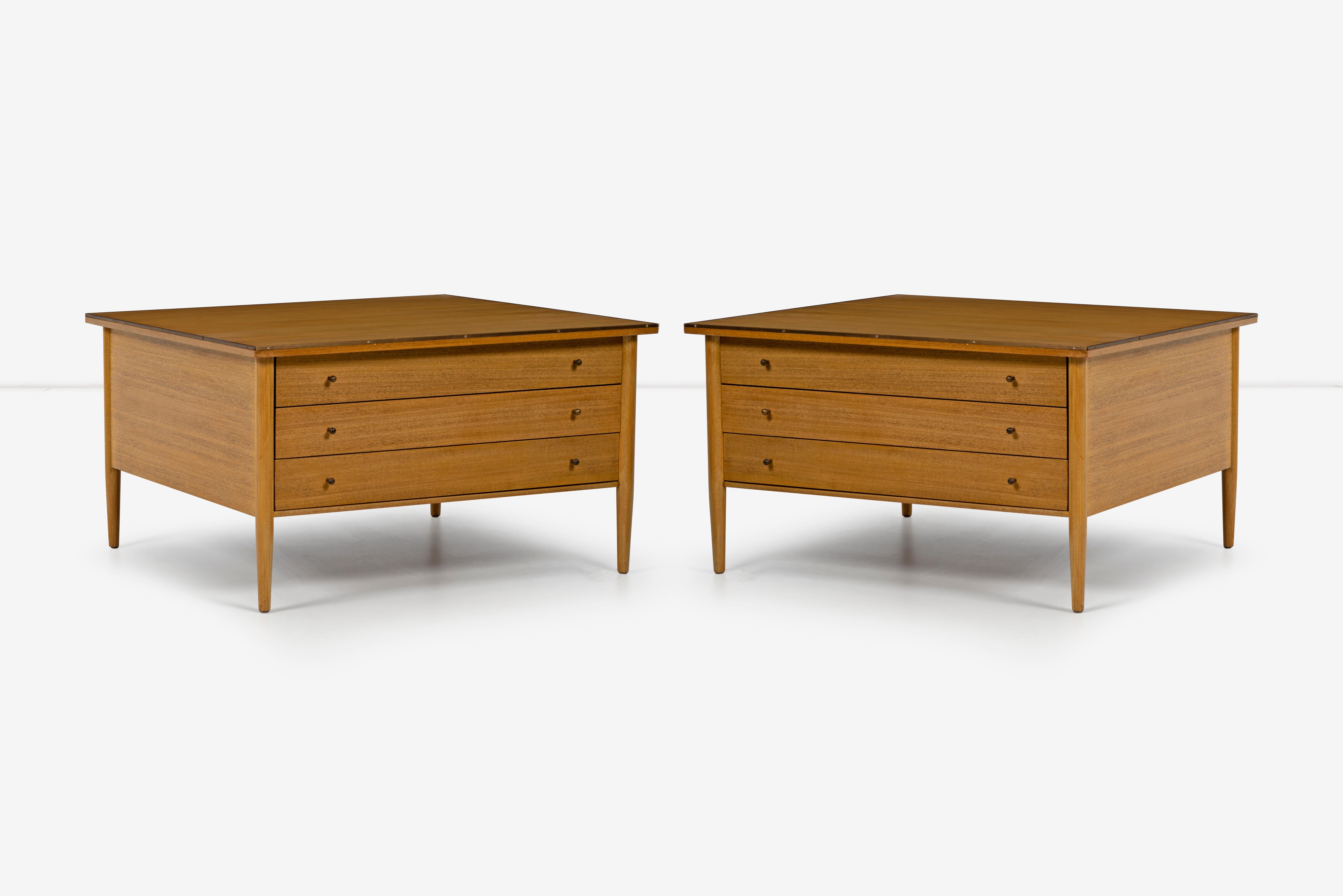 Paul McCobb for Calvin The Irwin Collection 3-drawer end tables or nightstands. Mahogany wood with solid tapered legs, brass pulls and edge trim.
[Label inside drawers: Paul McCobb, Calvin The Irwin Collection].