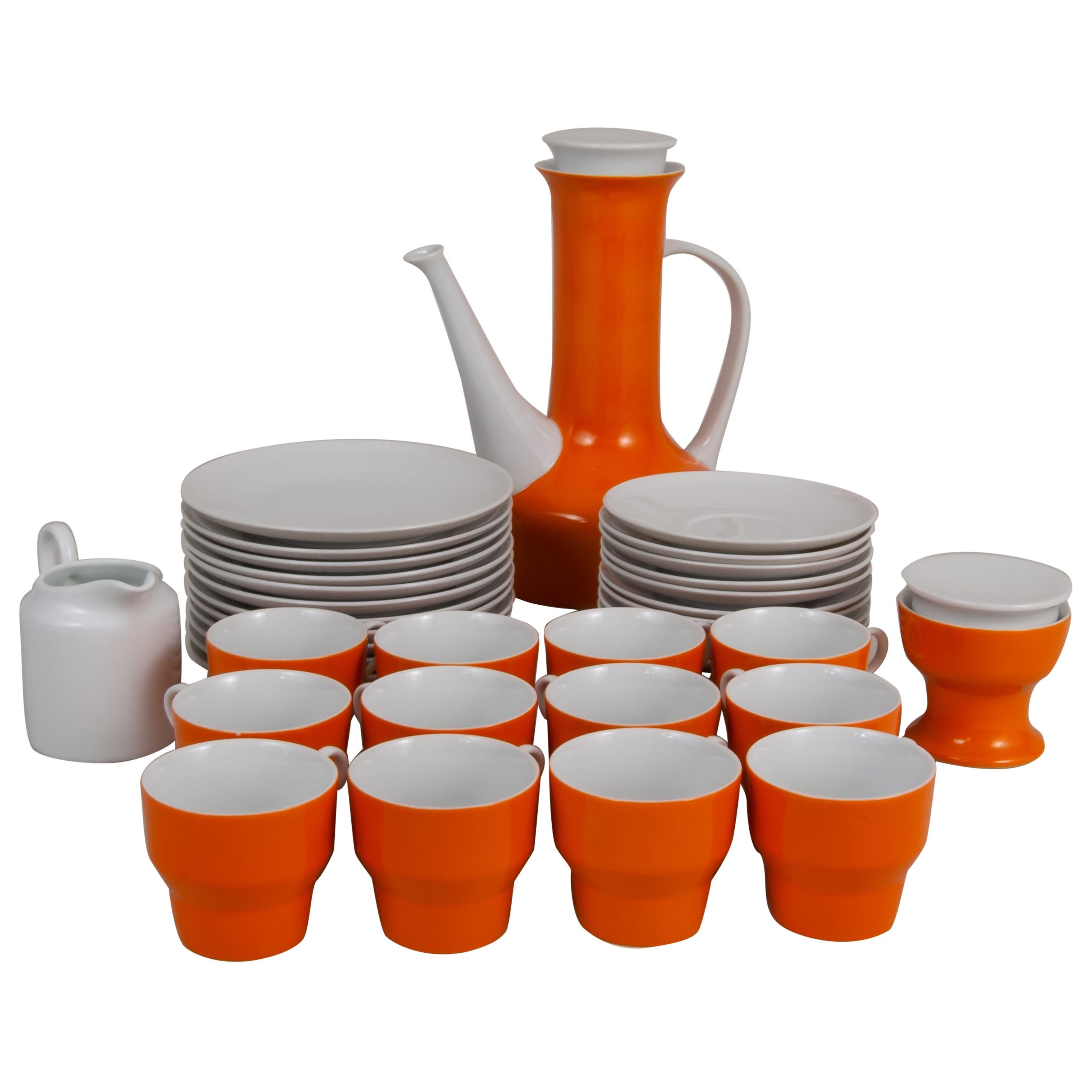 Paul McCobb for Contempi, Japan 38 Piece Ceramic Coffee Set in Orange and White For Sale