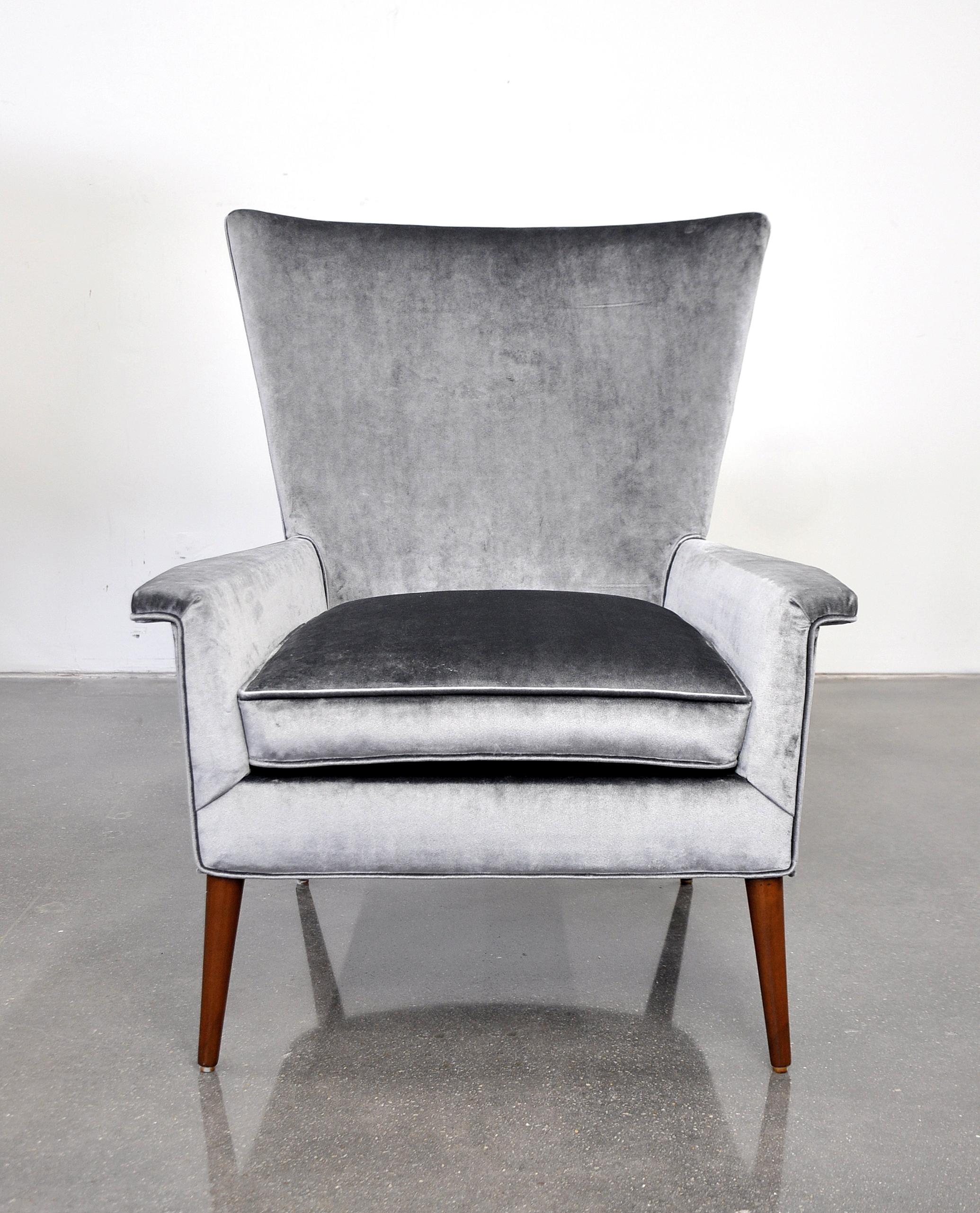Mid-Century Modern Paul McCobb for Custom Craft Gray Velvet Wingback Lounge Chair
