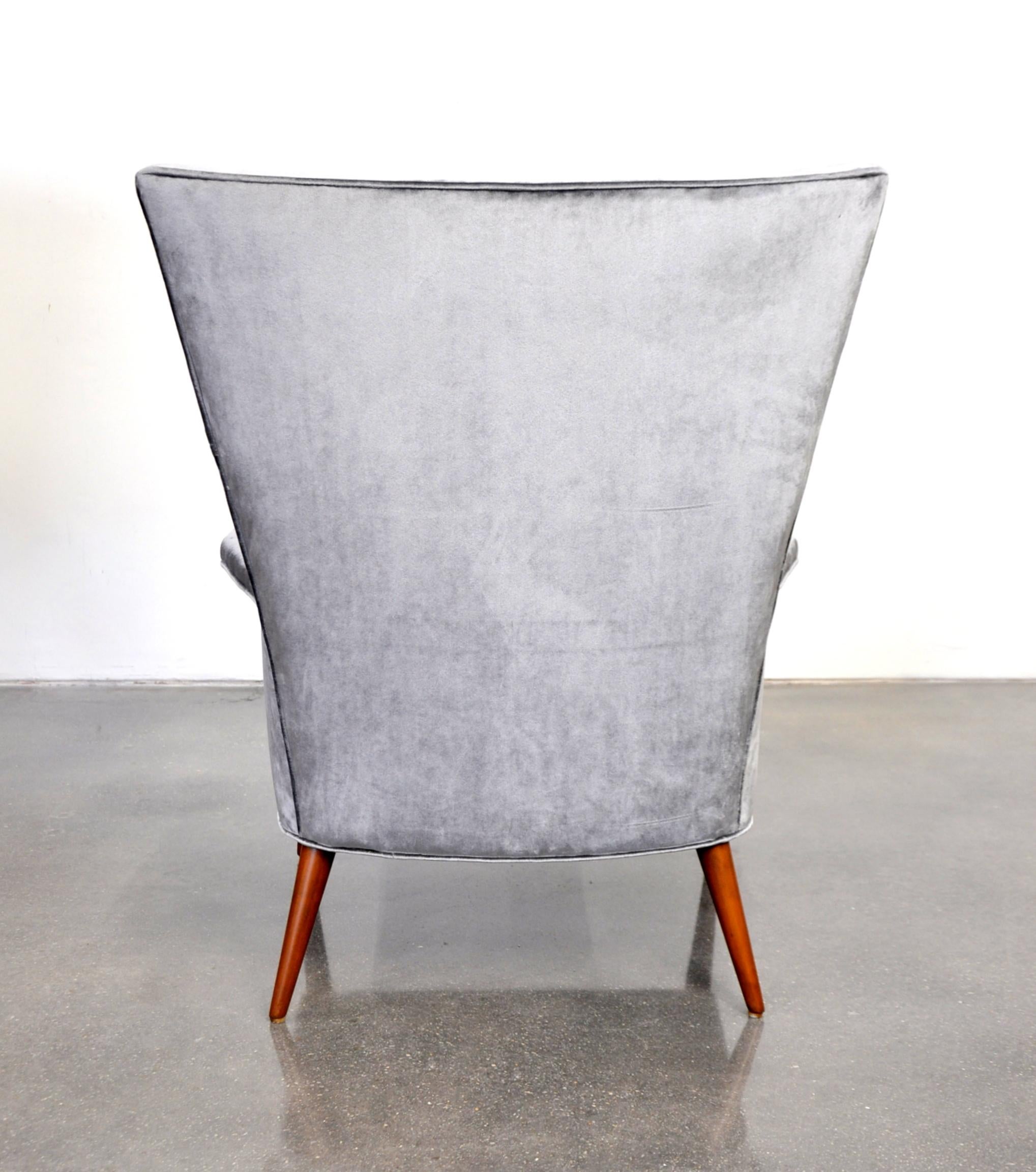 Walnut Paul McCobb for Custom Craft Gray Velvet Wingback Lounge Chair