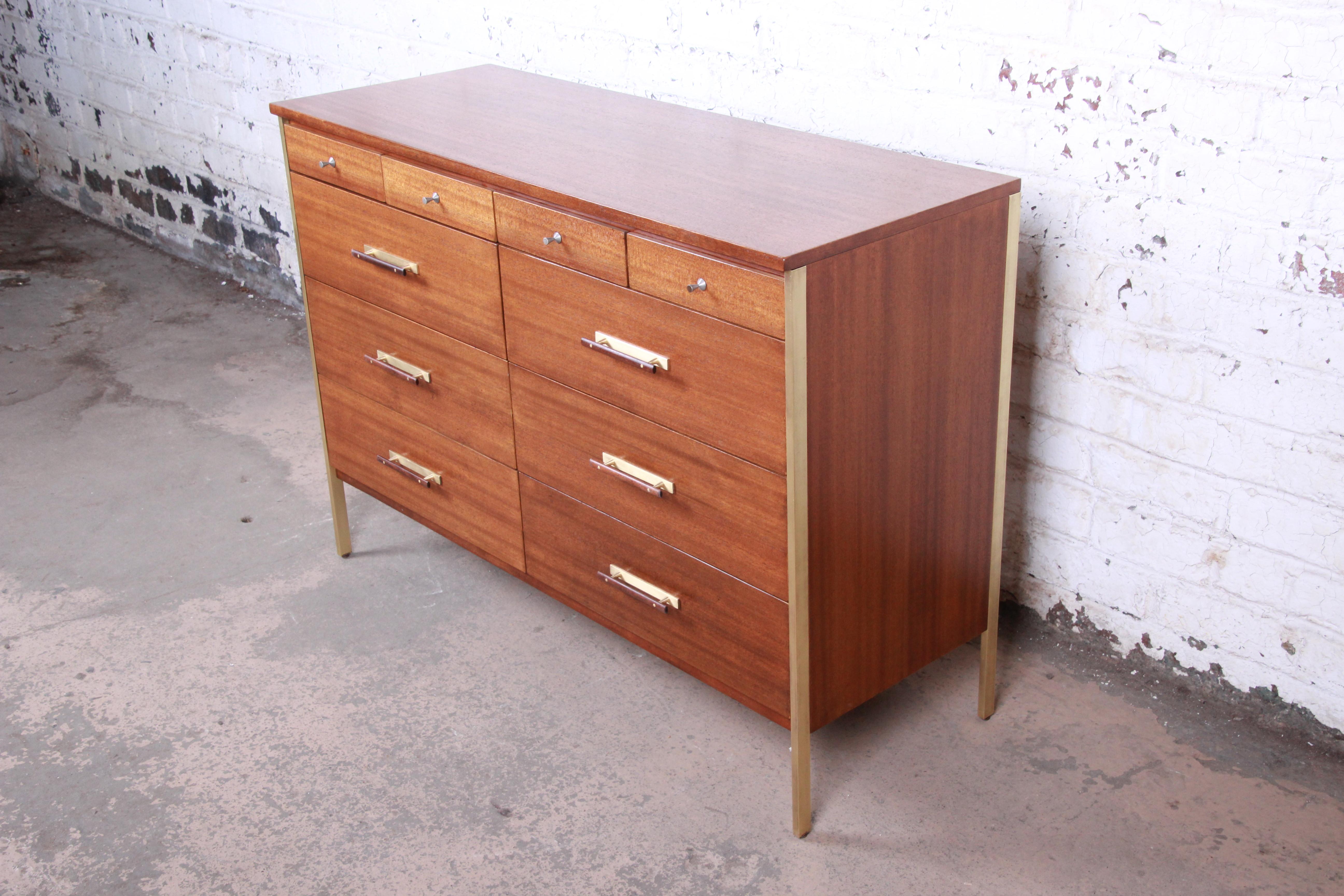American Paul McCobb for Directional 6000 Series Mahogany and Brass Dresser, Restored
