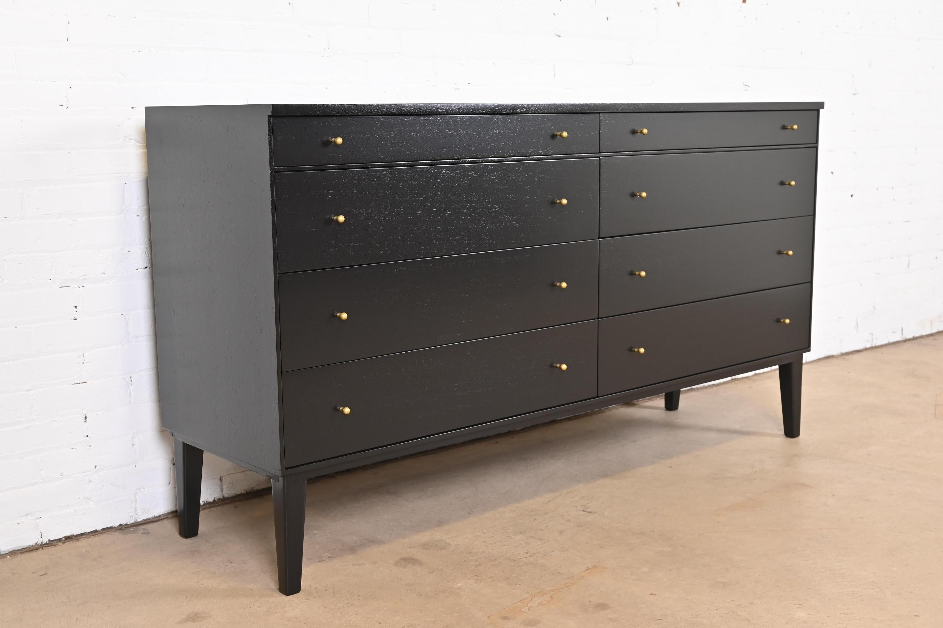 Brass Paul McCobb for Directional Black Lacquered Dresser, Newly Refinished