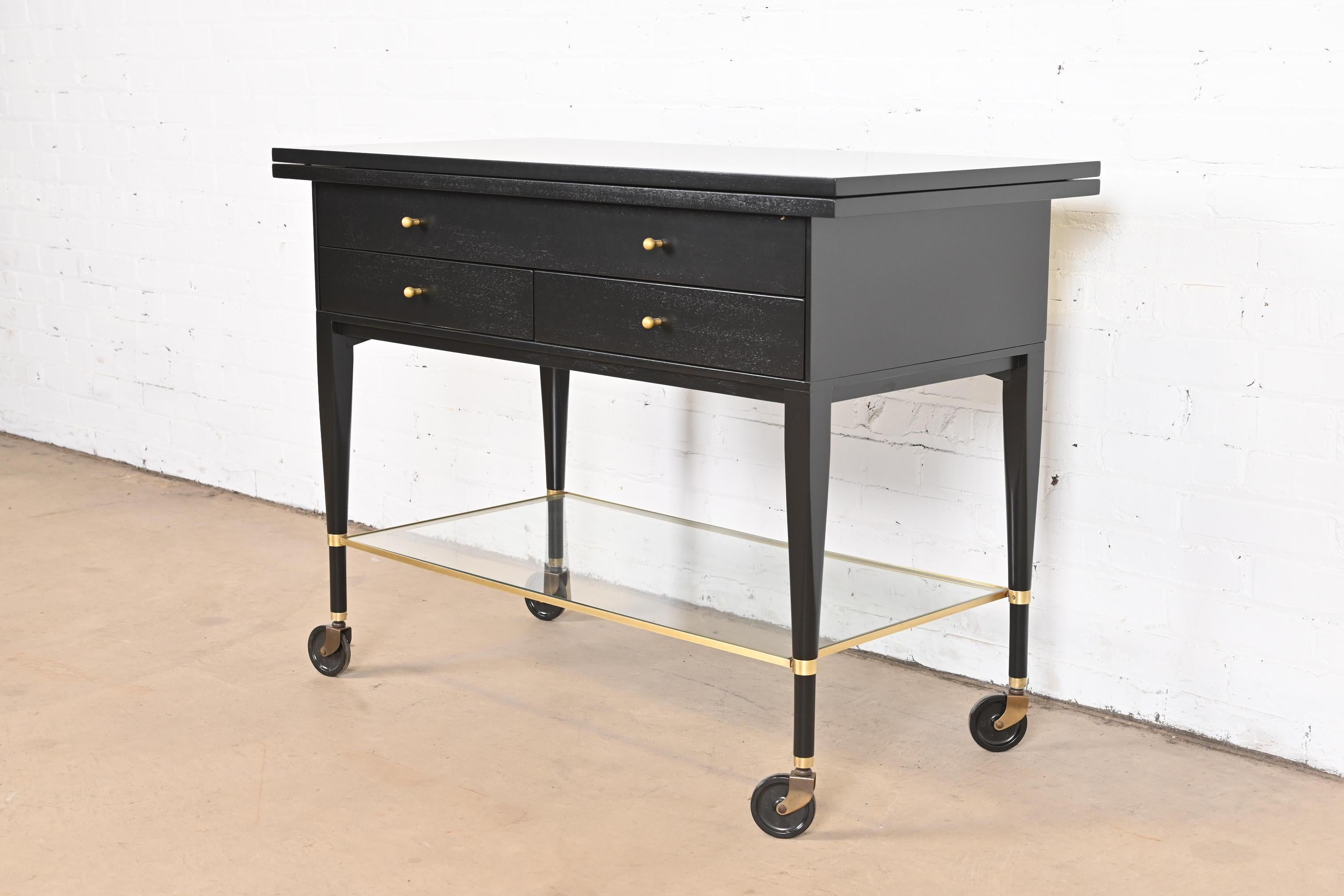 Paul McCobb for Directional Black Lacquered Flip Top Server Bar Cart, Refinished In Good Condition For Sale In South Bend, IN