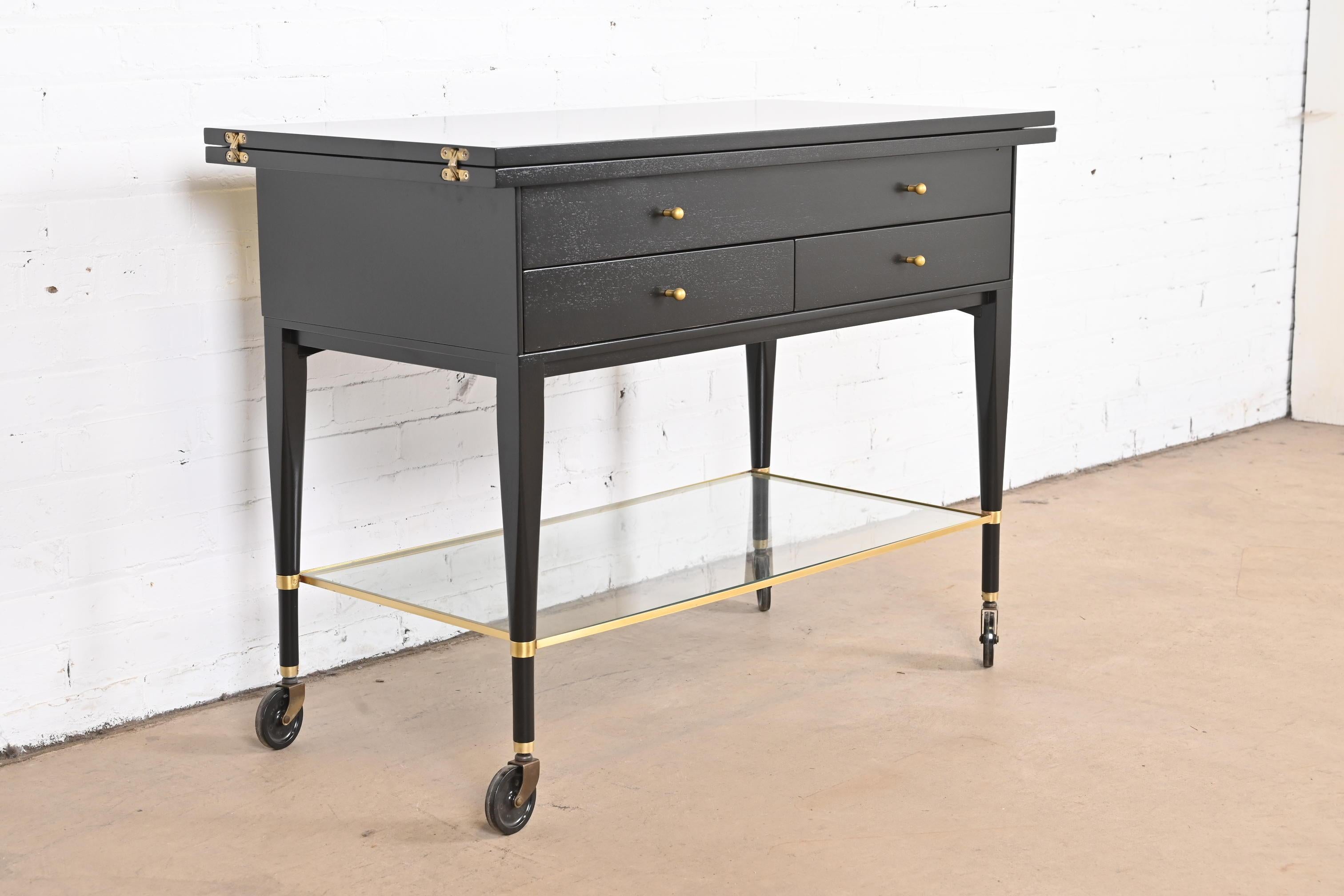 Brass Paul McCobb for Directional Black Lacquered Flip Top Server Bar Cart, Refinished For Sale