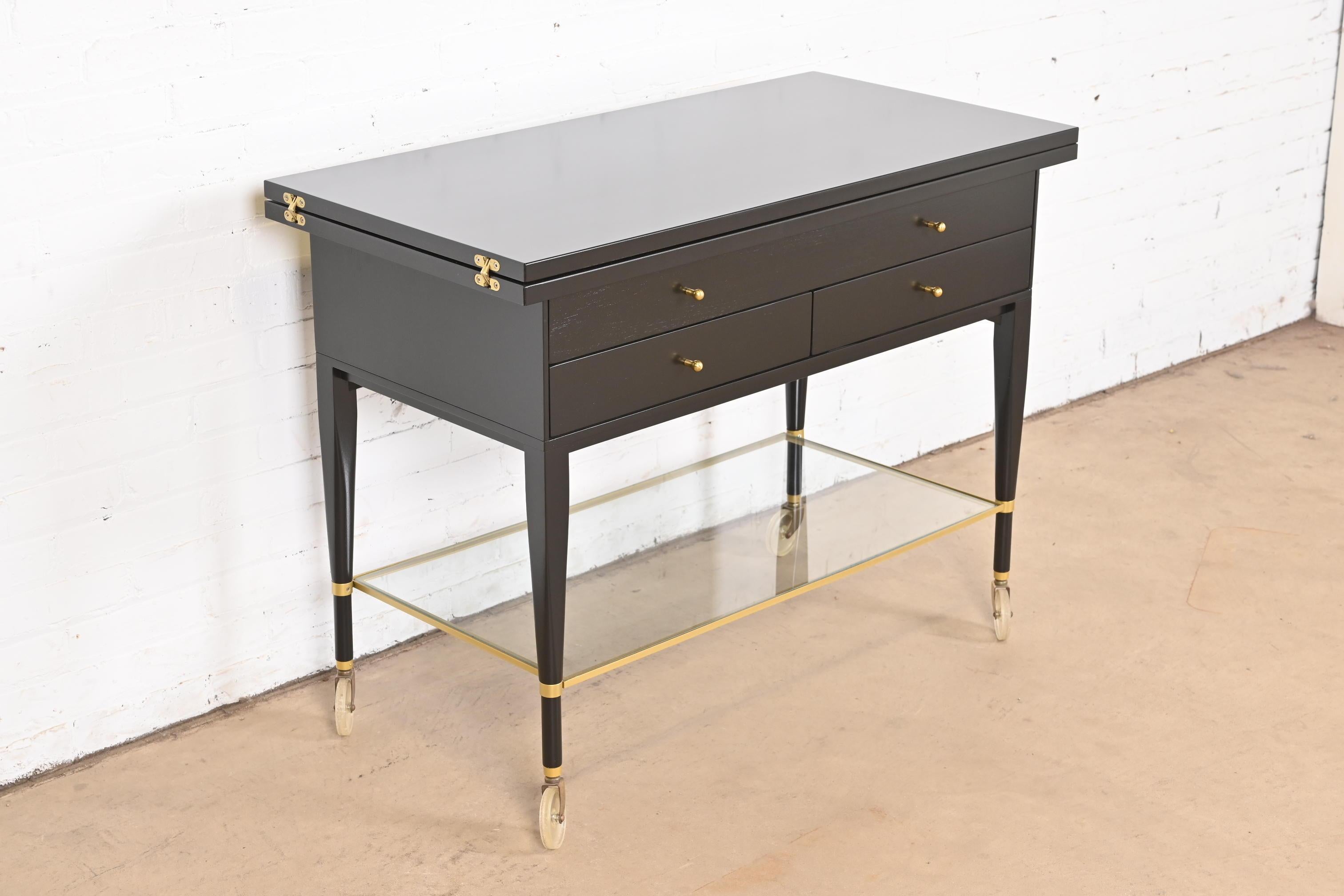 Brass Paul McCobb for Directional Black Lacquered Flip Top Server Bar Cart, Refinished