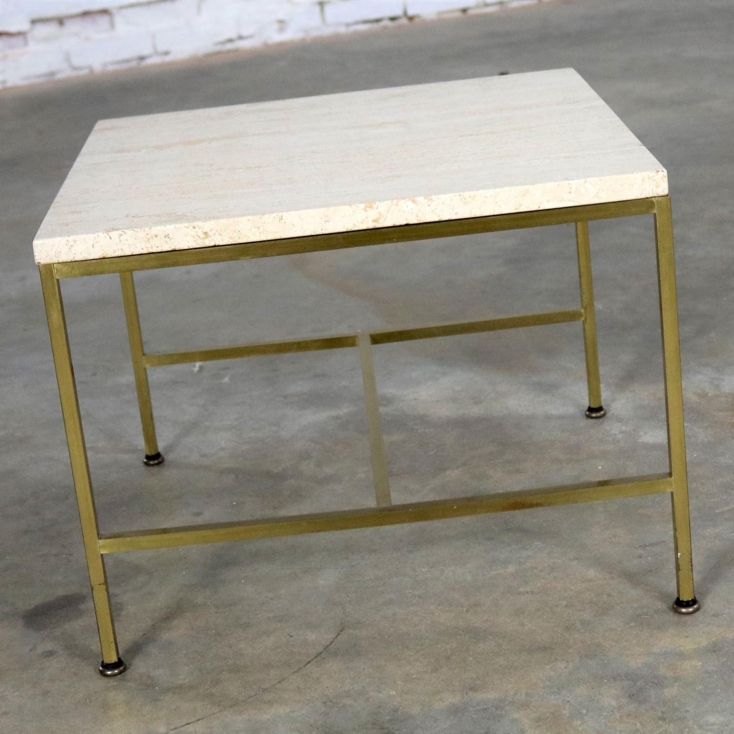 Mid-Century Modern Paul McCobb for Directional Brass Frame and Travertine Top Side Table