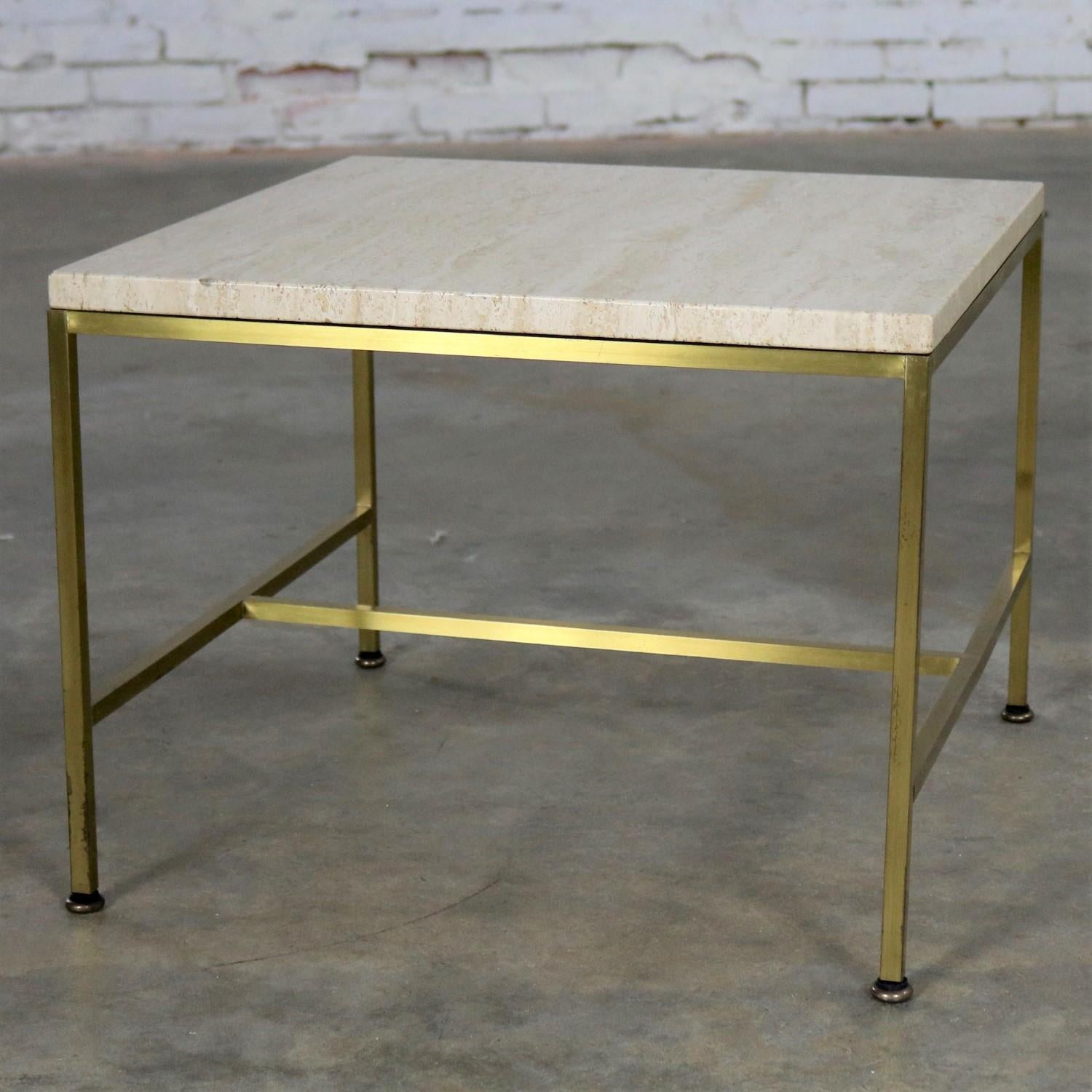 American Paul McCobb for Directional Brass Frame and Travertine Top Side Table