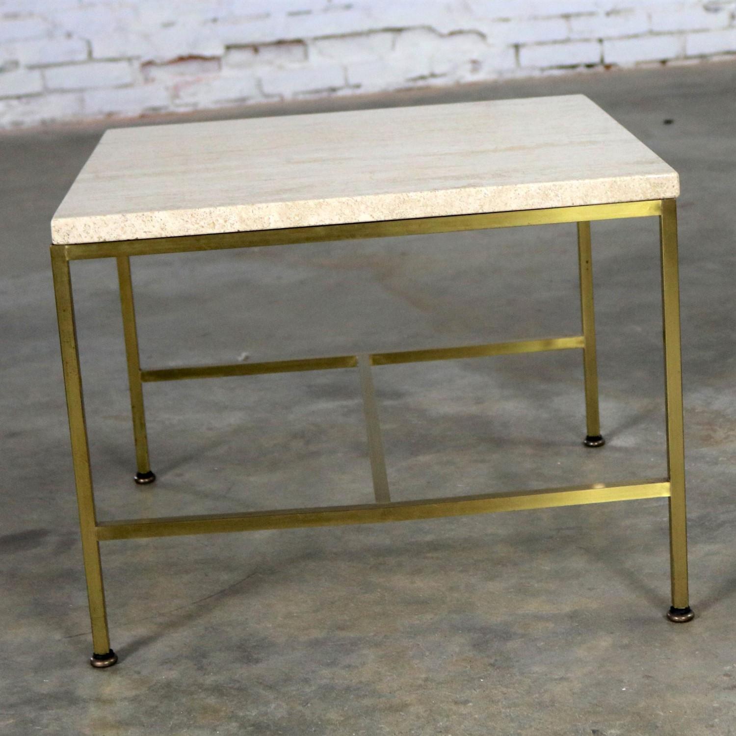 Paul McCobb for Directional Brass Frame and Travertine Top Side Table In Good Condition In Topeka, KS