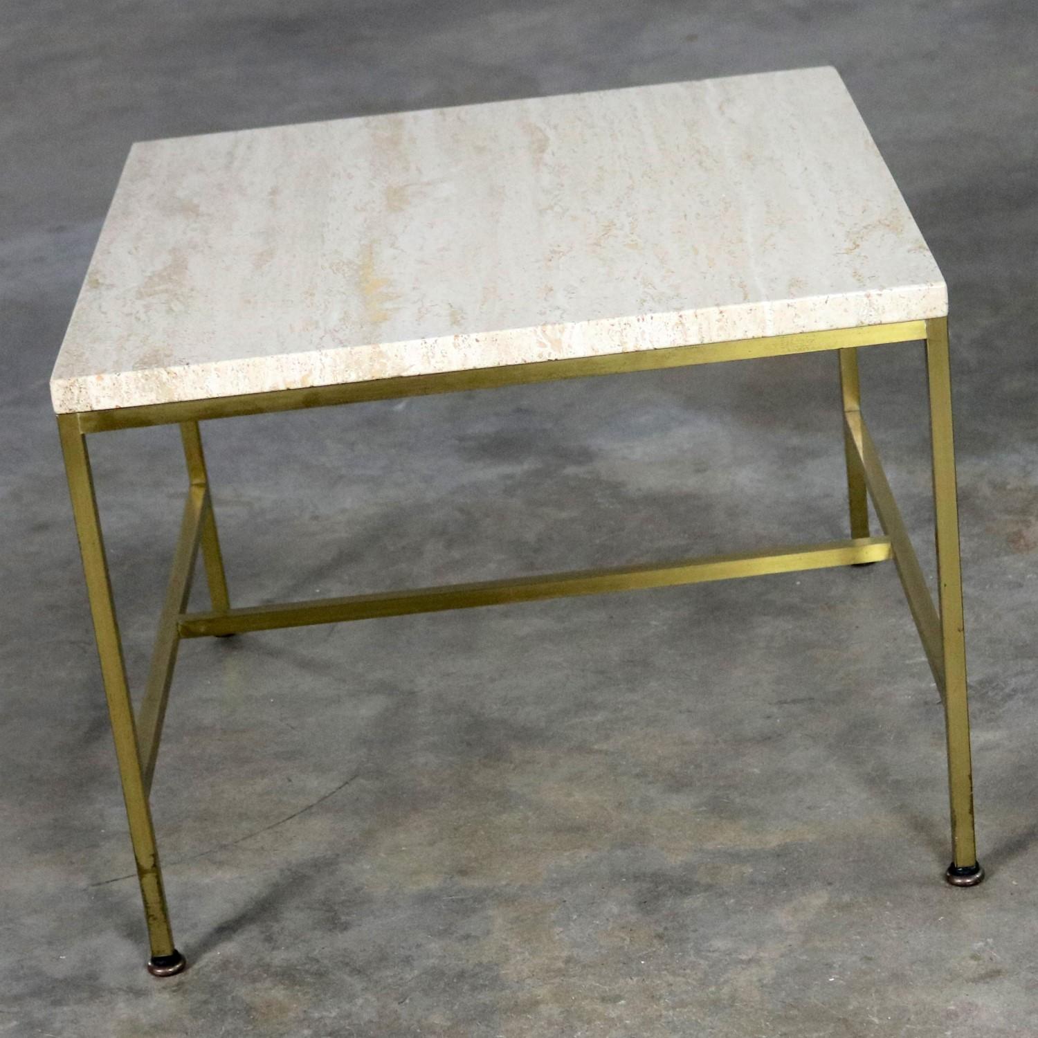 20th Century Paul McCobb for Directional Brass Frame and Travertine Top Side Table